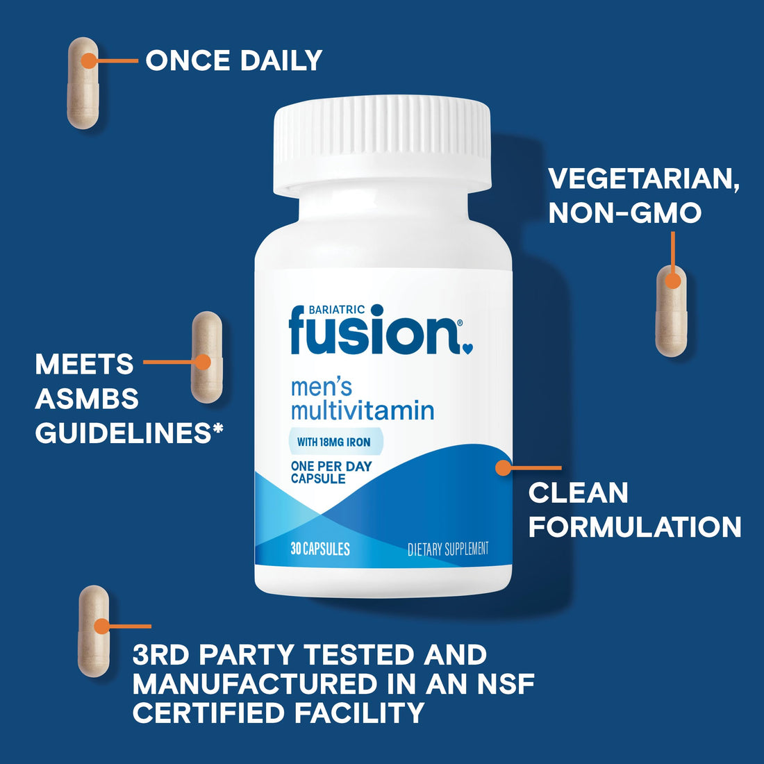 Bariatric Fusion One Per Day Bariatric Multivitamin with Iron for Men | with Prostate and Heart Support Vitamins* | Gastric Bypass and Sleeve Gastrectomy | 30 Capsules | 1 Month Supply