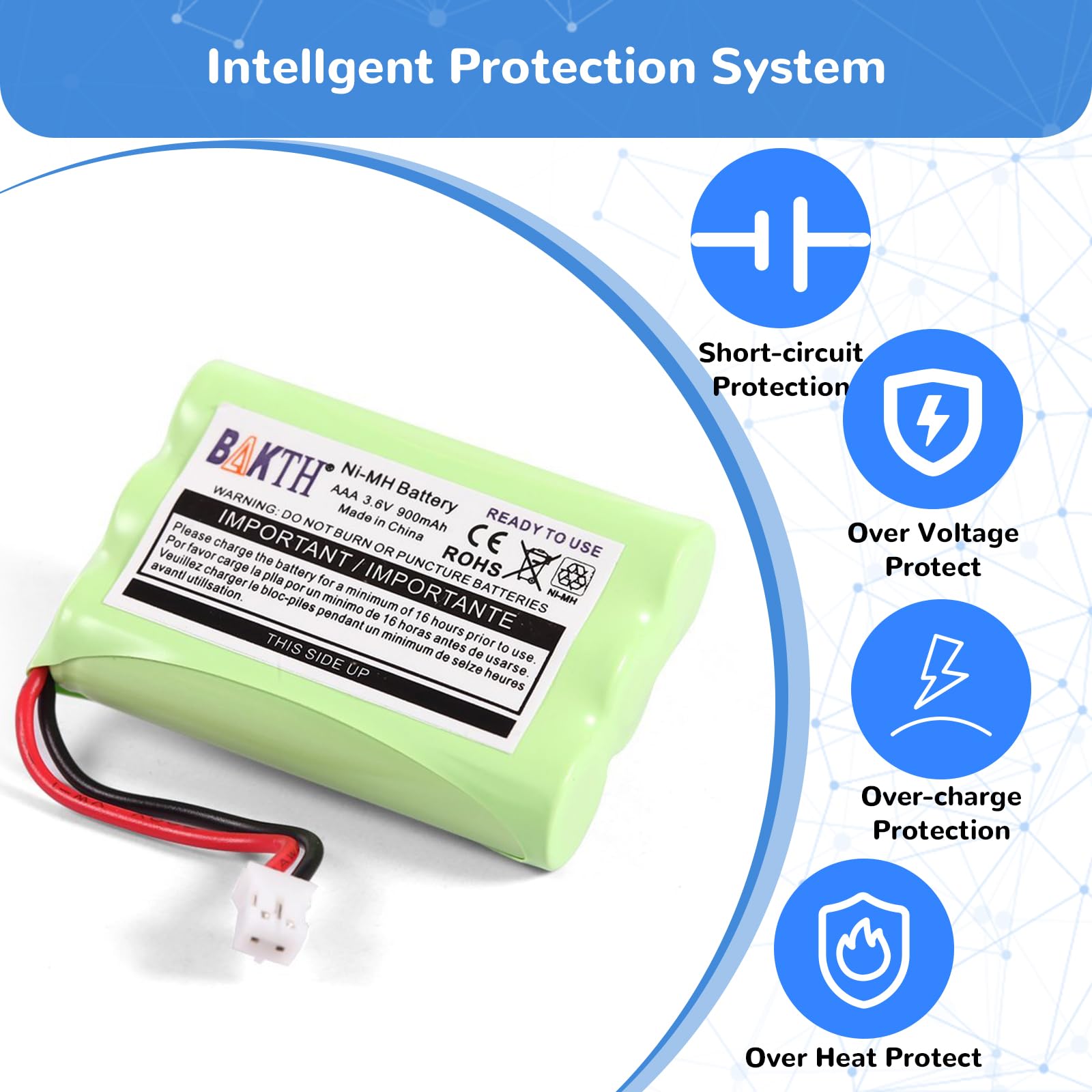 BAKTH 900mAh 3.6V Ni-MH Square-Hole Plug Battery for Motorola MBP33 MBP33S MBP33PU MBP35 MBP36 MBP36S MBP36PU MBP41 MBP43 Baby Monitor (Don't fit MBP33S MBP36 MBP36S with Round Hole Plug)