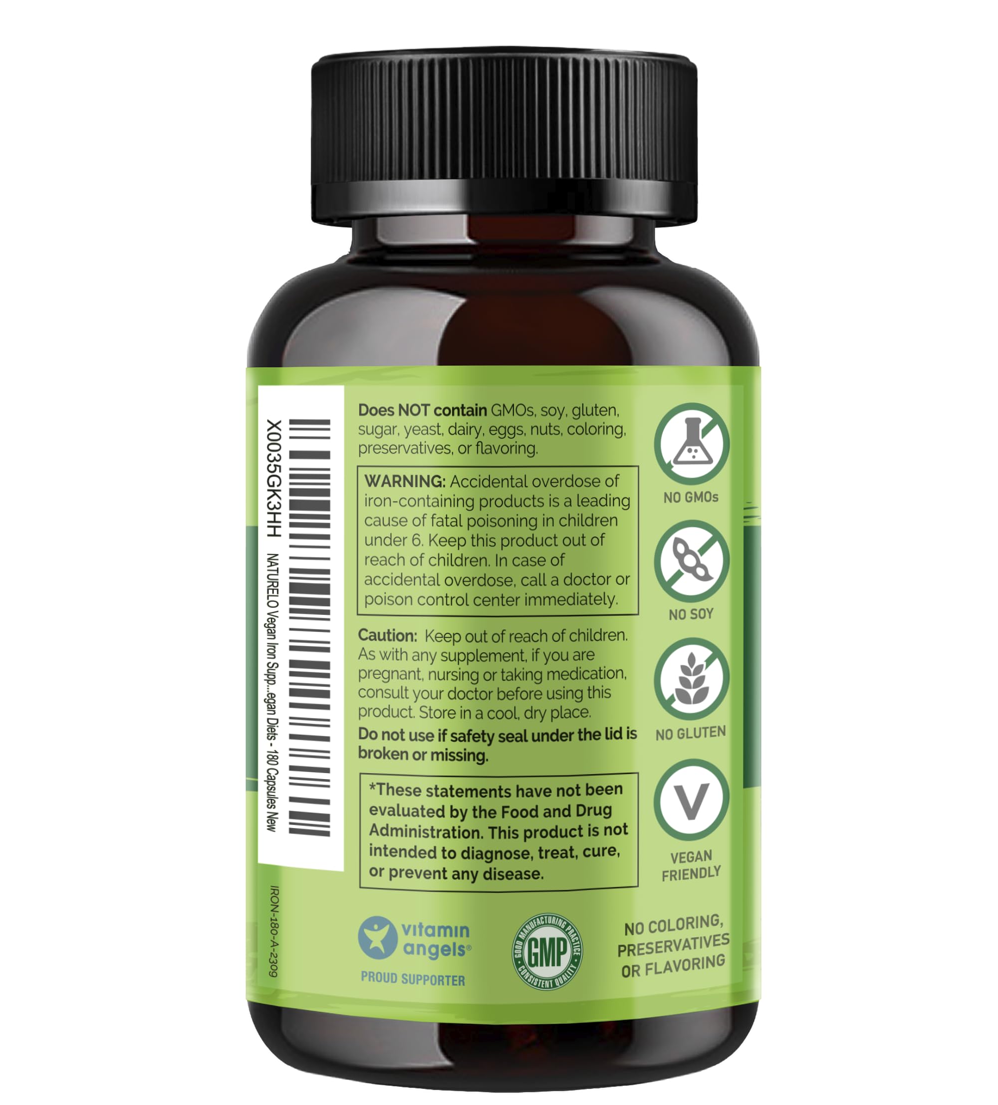 NATURELO Vegan Iron Supplement with Vitamin C and Organic Whole Foods - Gentle Iron Pills for Women & Men with Iron Deficiency Including Pregnancy, Anemia and Vegan Diets - 180 Mini Capsules