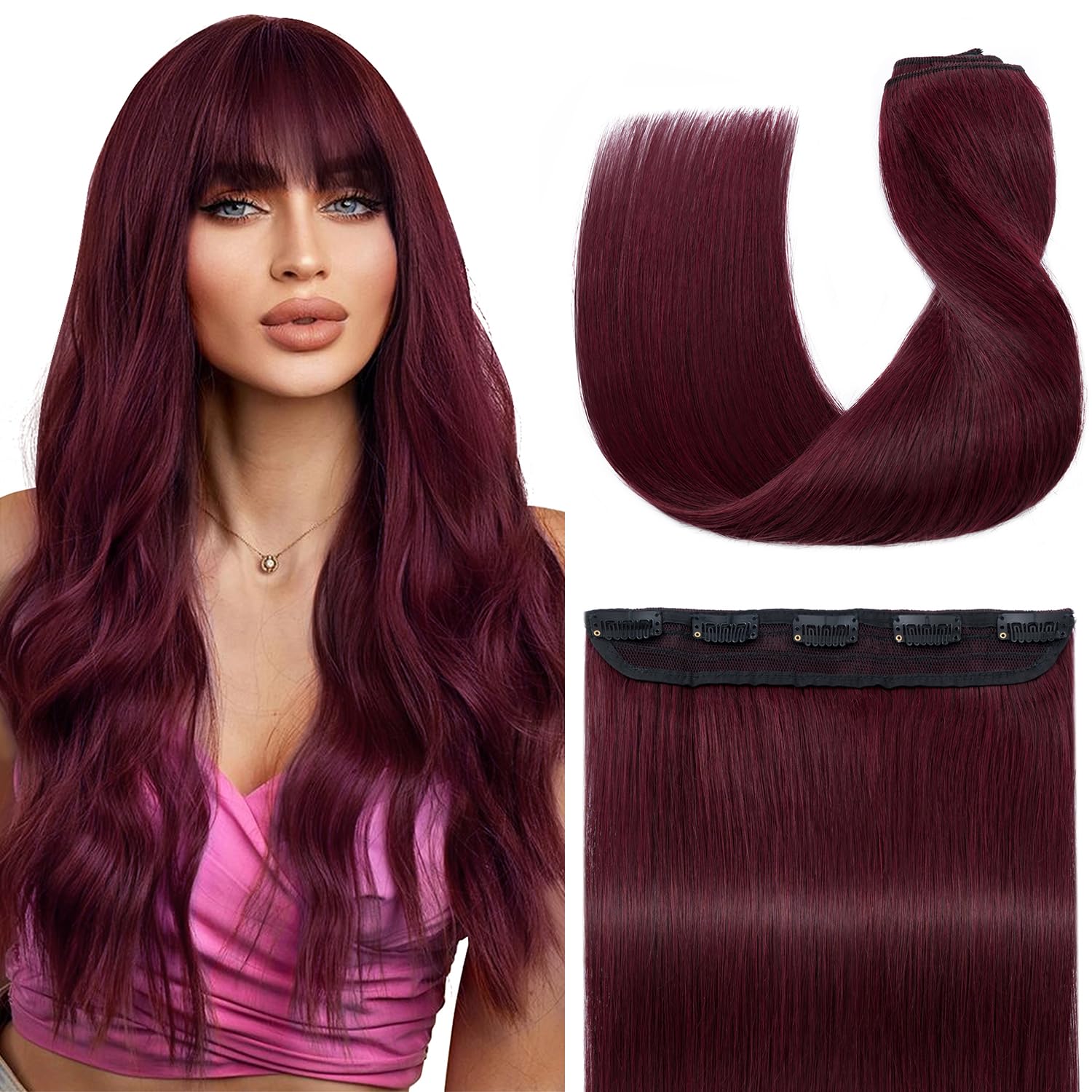 S-noilite 22inch Burgundy Clip in Human Hair Extensions One Piece 5 Clips 3/4 Full Head Soft Silky Clip on Remy Hair For Women Gift 55g #99J Wine Red