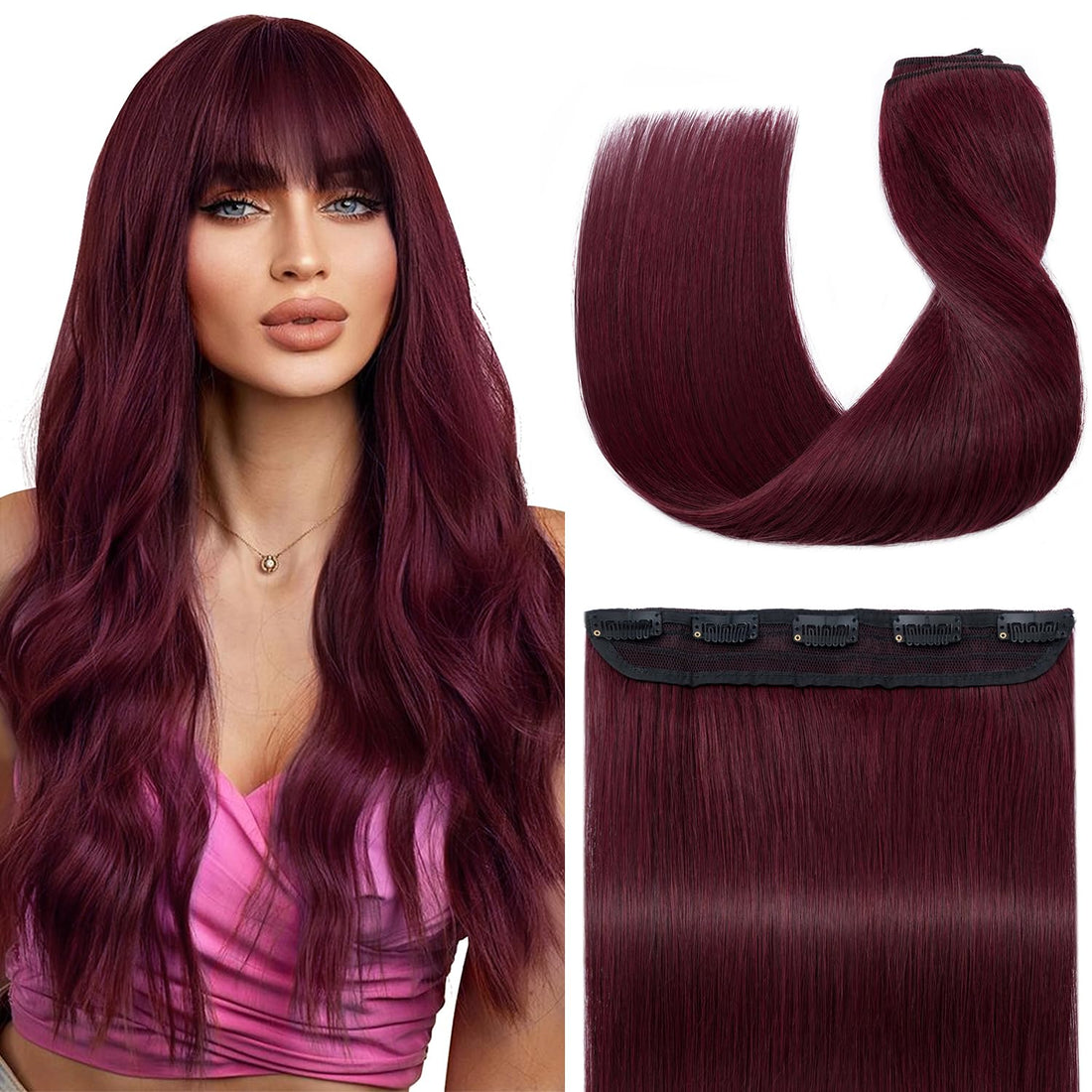 S-noilite 22inch Burgundy Clip in Human Hair Extensions One Piece 5 Clips 3/4 Full Head Soft Silky Clip on Remy Hair For Women Gift 55g #99J Wine Red