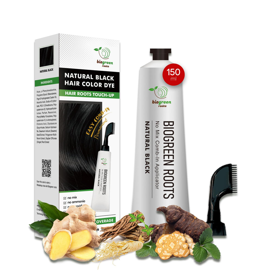 Biogreen Roots Ammonia-Free Herbal Hair Shampoo - Effectively Covers Gray Hair for Men and Women - Natural Color and Herbal Nourishment - No Stain on Skin - Natural Black (150 ml)