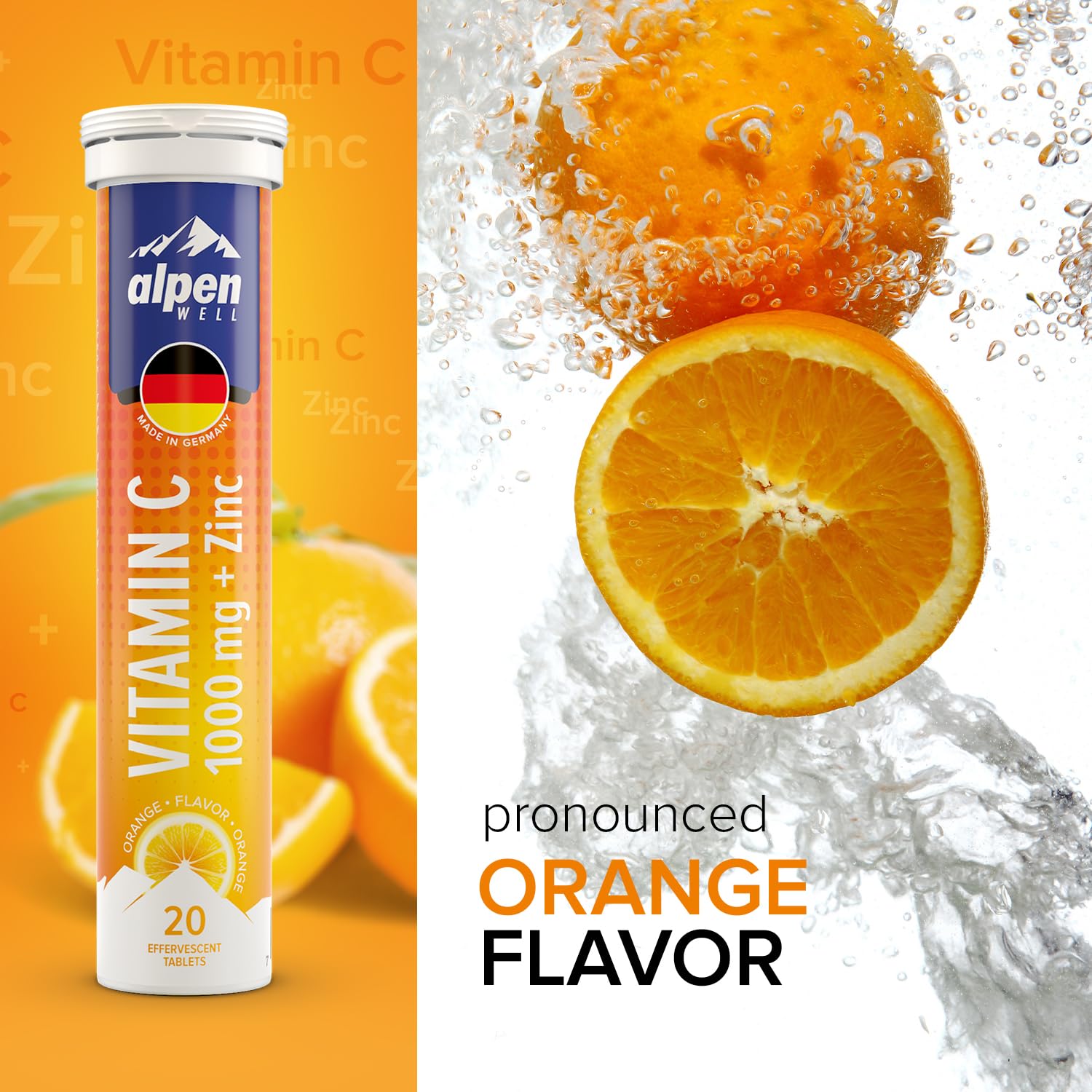 - AlpenWell Vitamin C - 1000mg + Zinc - Immune Support - 20 Effervescent Vitamin Drink Tablets, No Sugar + Low Calorie Supplement, Orange Flavor [Sugar Free]