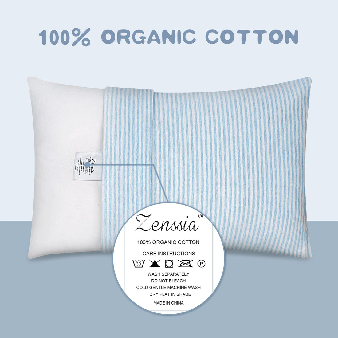 Zenssia Organic Cotton Toddler Pillowcase/Travel Pillowcase Pack of 2 Set 13x18 Inches with Envelope Closure - Soft & Breathable Baby Pillow Case Cover Blue Stripe