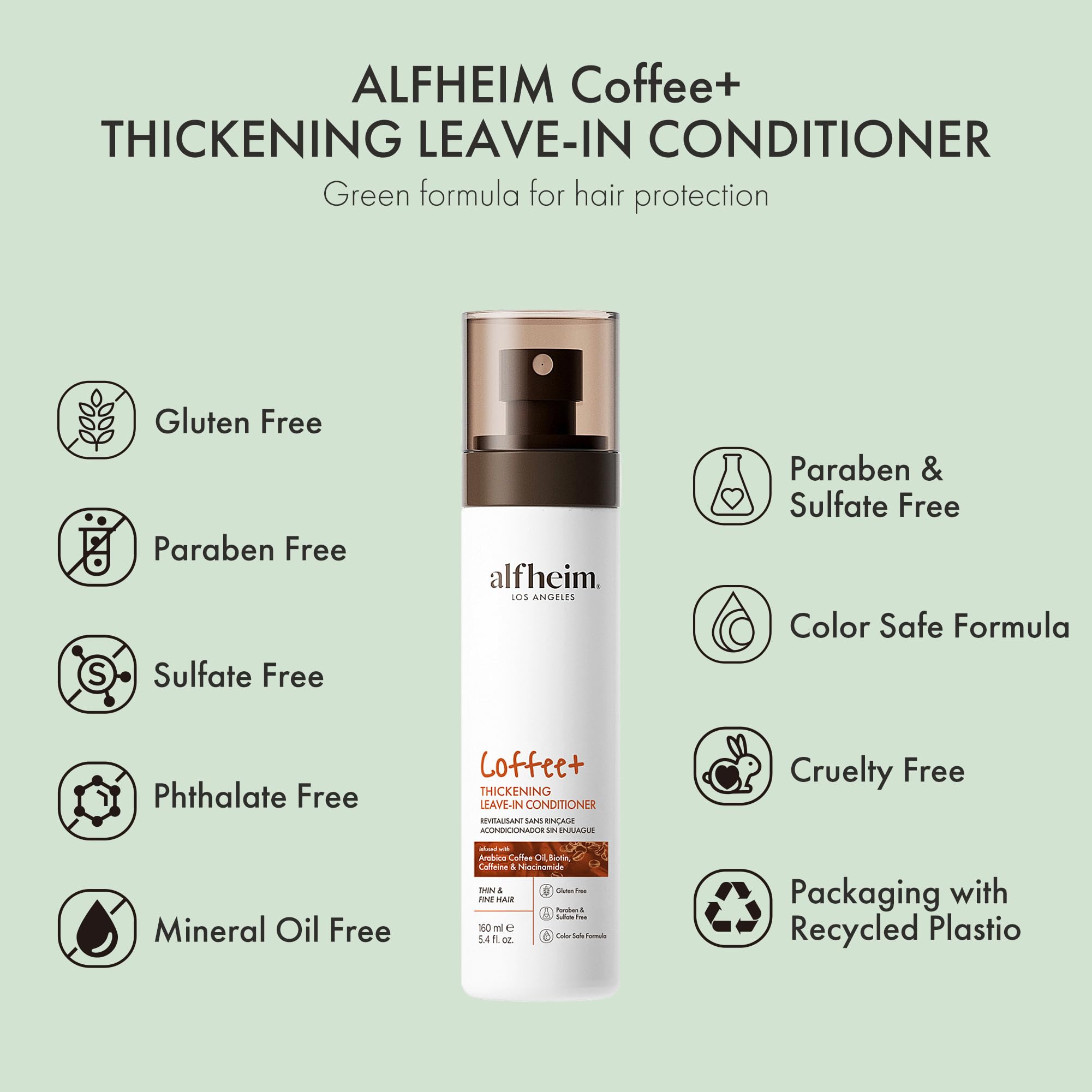 ALFHEIM Coffee+ Thickening Leave-In Conditioner | Biotin & Caffeine for Hair Growth & Strength | Lightweight, Nourishing & Volumizing Spray | Sulfate-Free, Paraben-Free | 5.4 oz