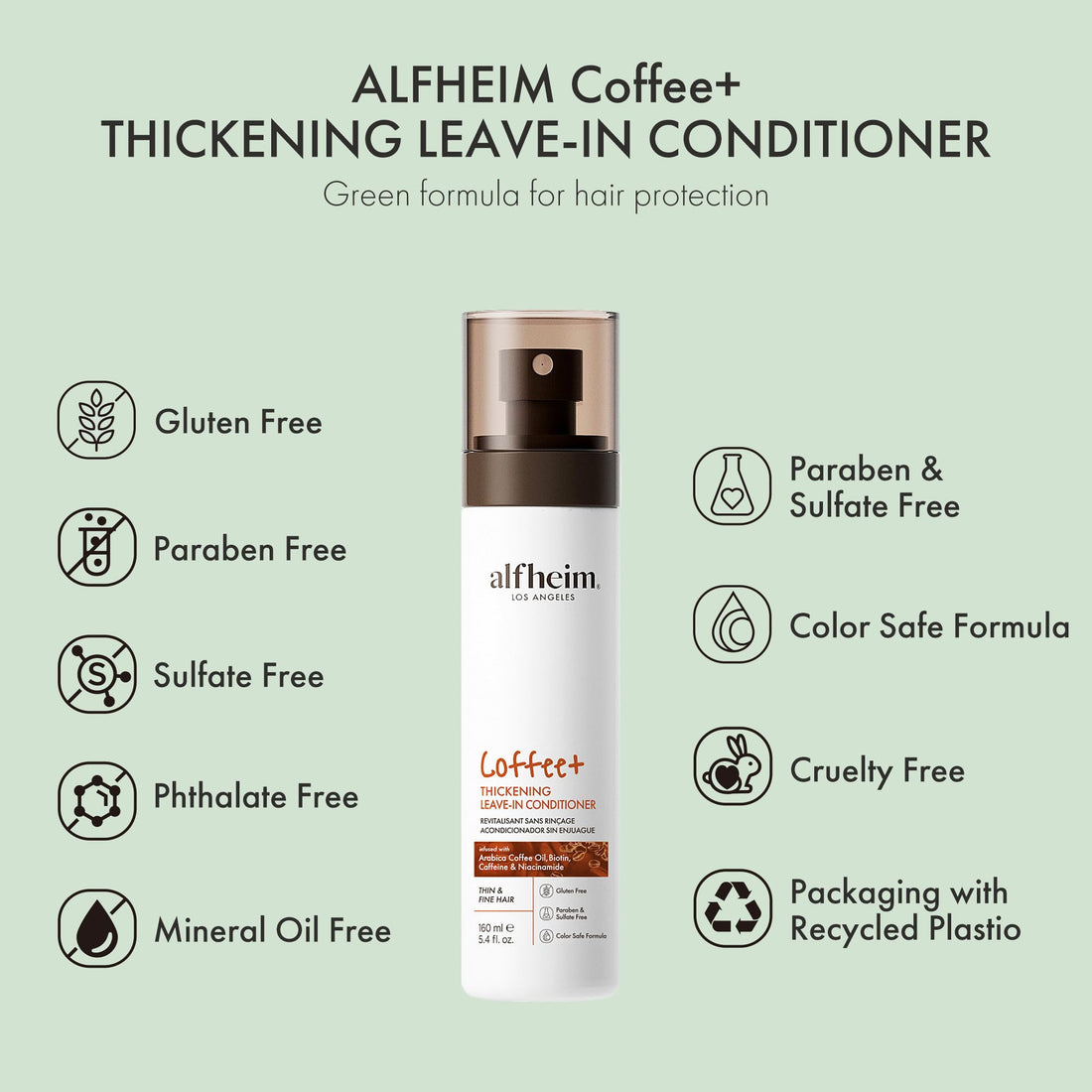ALFHEIM Coffee+ Thickening Leave-In Conditioner | Biotin & Caffeine for Hair Growth & Strength | Lightweight, Nourishing & Volumizing Spray | Sulfate-Free, Paraben-Free | 5.4 oz