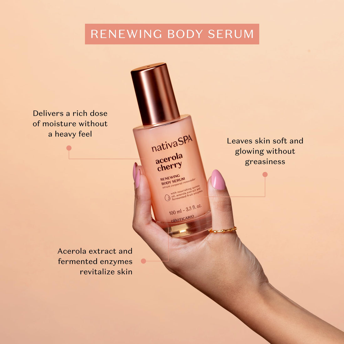 NATIVA SPA O BOTICÁRIO, Acerola Cherry Renewing Body Serum, Lightweight Hydration for Luminous Skin, 3.38 Ounce (100 ml)