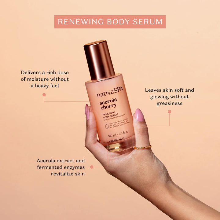 NATIVA SPA O BOTICÁRIO, Acerola Cherry Renewing Body Serum, Lightweight Hydration for Luminous Skin, 3.38 Ounce (100 ml)
