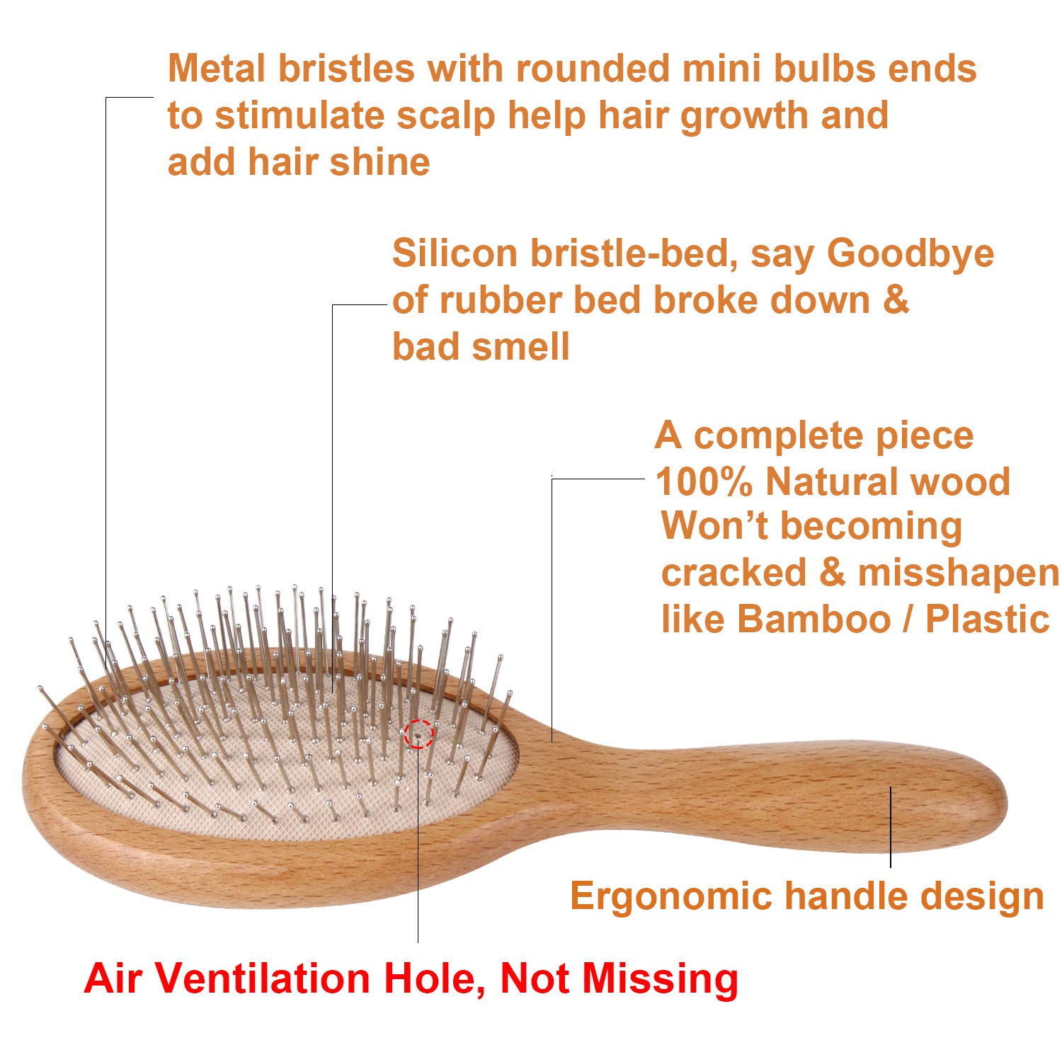 WeCoola WeCoola Natural Wooden Paddle Hair Brush + Steel Pins & Massage Air Bag, Oval Shape Travel Brush can Reduce Frizz + Massage Scalp + Reducing Hair Breakage, All Hair Types of Women + Men + Kids