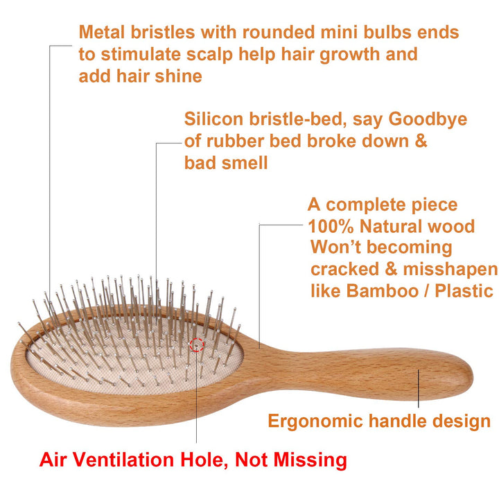 WeCoola WeCoola Natural Wooden Paddle Hair Brush + Steel Pins & Massage Air Bag, Oval Shape Travel Brush can Reduce Frizz + Massage Scalp + Reducing Hair Breakage, All Hair Types of Women + Men + Kids