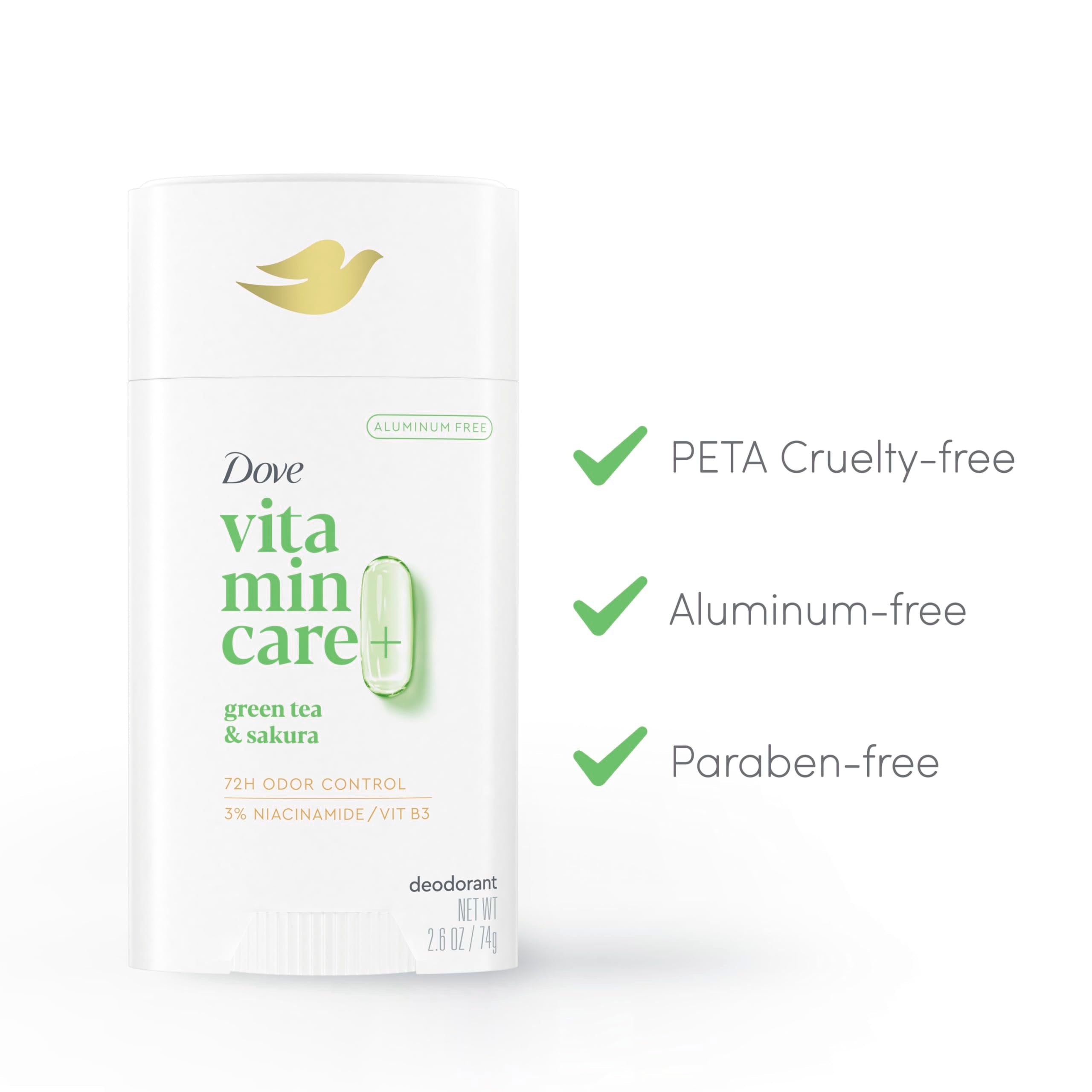 Dove VitaminCare+ Deodorant Stick Green Tea & Shakura Aluminum Free 2.6 oz
