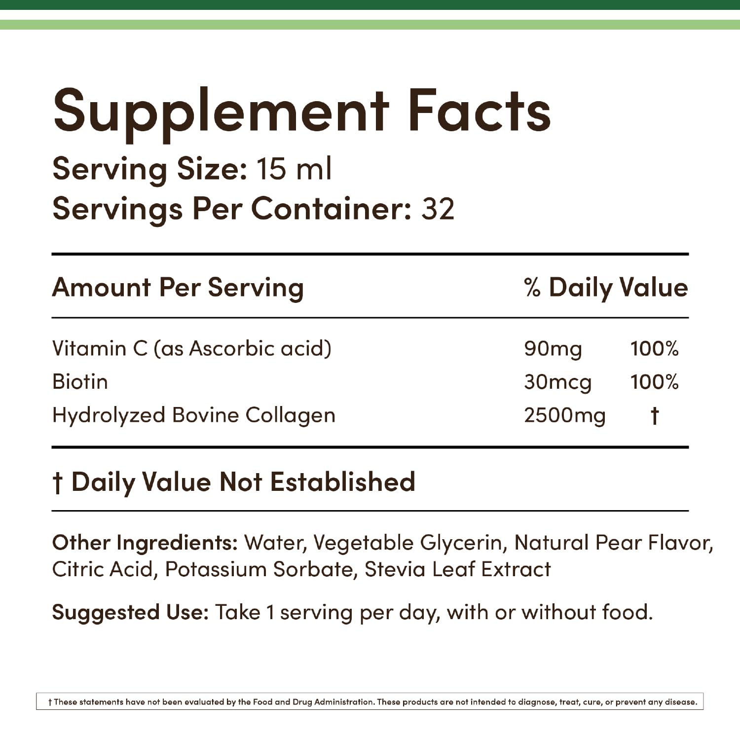 Double Wood Supplements Liquid Collagen - 2500mg of Hydrolyzed Bovine Collagen (Type 1, 3 and Grassfed) - 32 Servings - for Women and Men - 30 mcg of Biotin - Sugar Free Pear Flavor