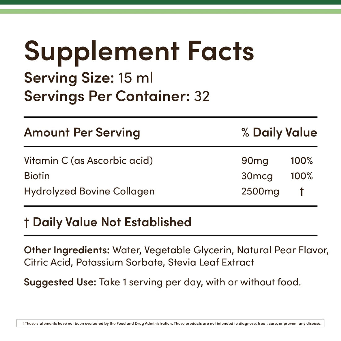 Double Wood Supplements Liquid Collagen - 2500mg of Hydrolyzed Bovine Collagen (Type 1, 3 and Grassfed) - 32 Servings - for Women and Men - 30 mcg of Biotin - Sugar Free Pear Flavor