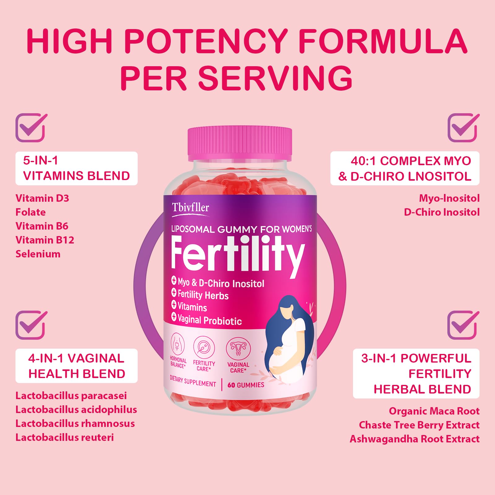 Fertility Supplements for Women, Prenatal Vitamins with Myo-Inositol & D-Chiro Inositol, Folate, Herbs, for Hormonal Balance, Fertility & Vaginal Care, 60 Prenatal Gummies (Raspberry)
