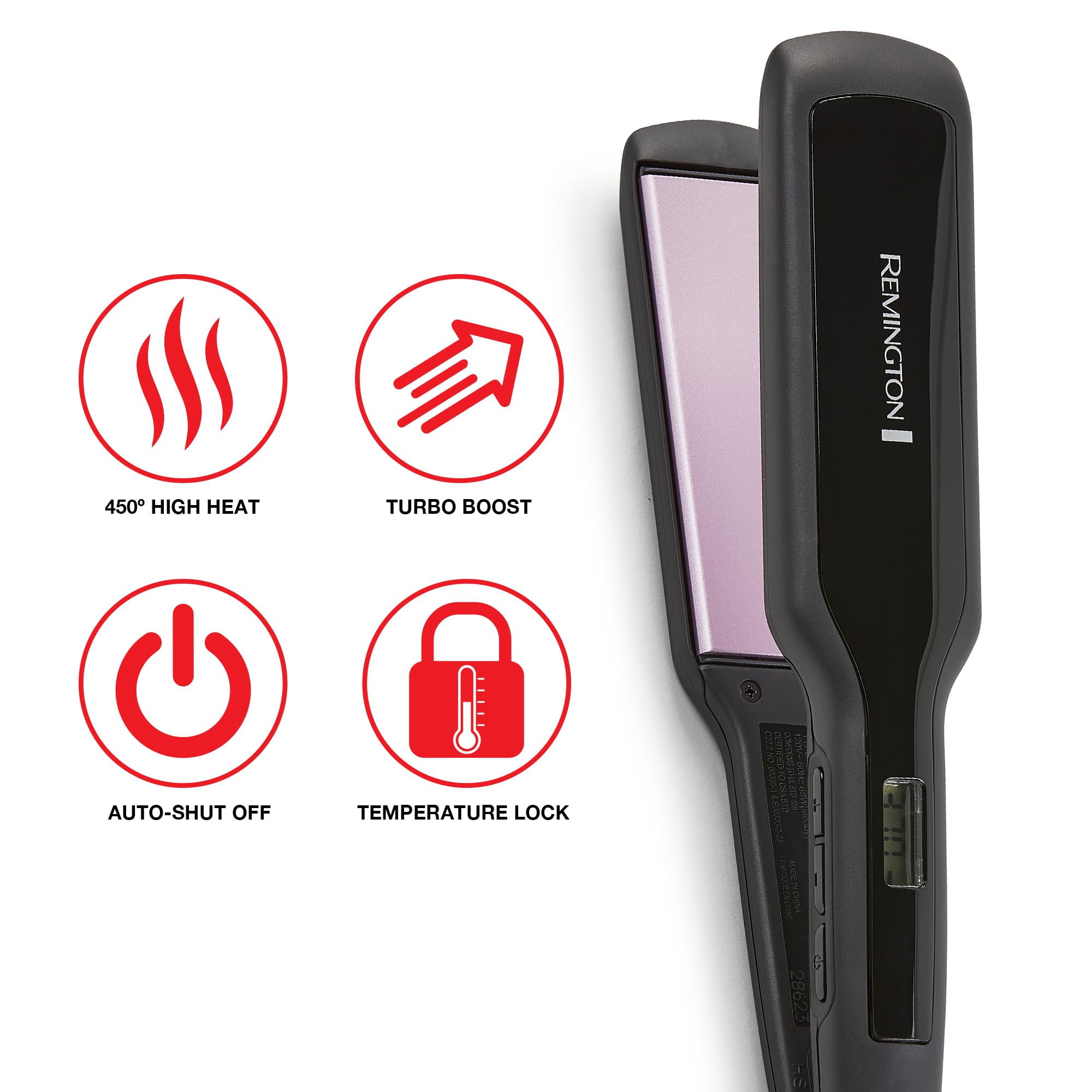 Remington 1 3/4 Flat Iron, Hair Straightener with Anti-Static Technology, 30-Second Heat Up & 60 Minute Auto Shut-off, 30% Longer Ceramic Floating Plates, Titanium + Ceramic Coating