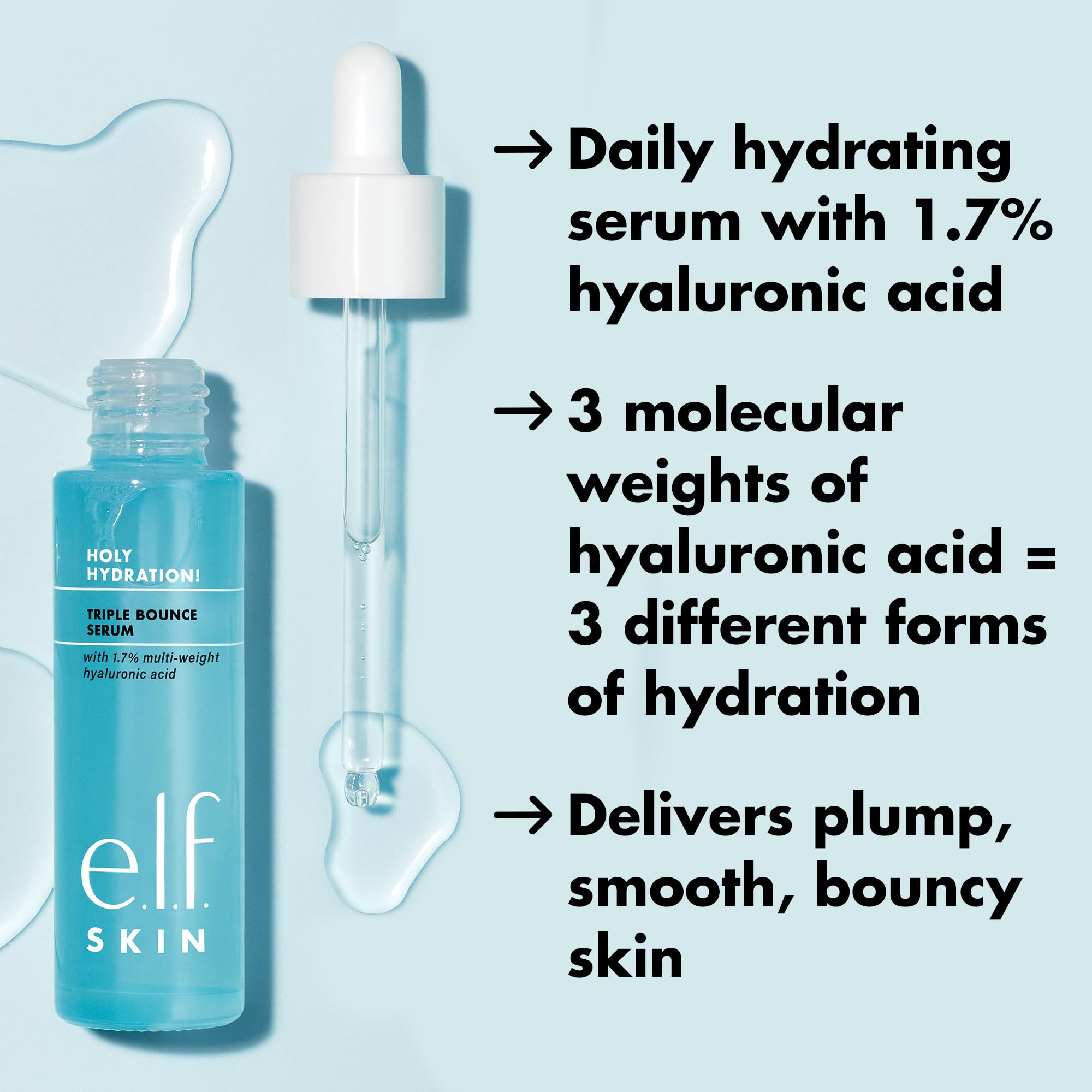 e.l.f. SKIN Holy Hydration! Triple Bounce Serum, 1.7% Hyaluronic Acid Serum For Plump, Bouncy Skin, Great For Hydrating Dry Skin
