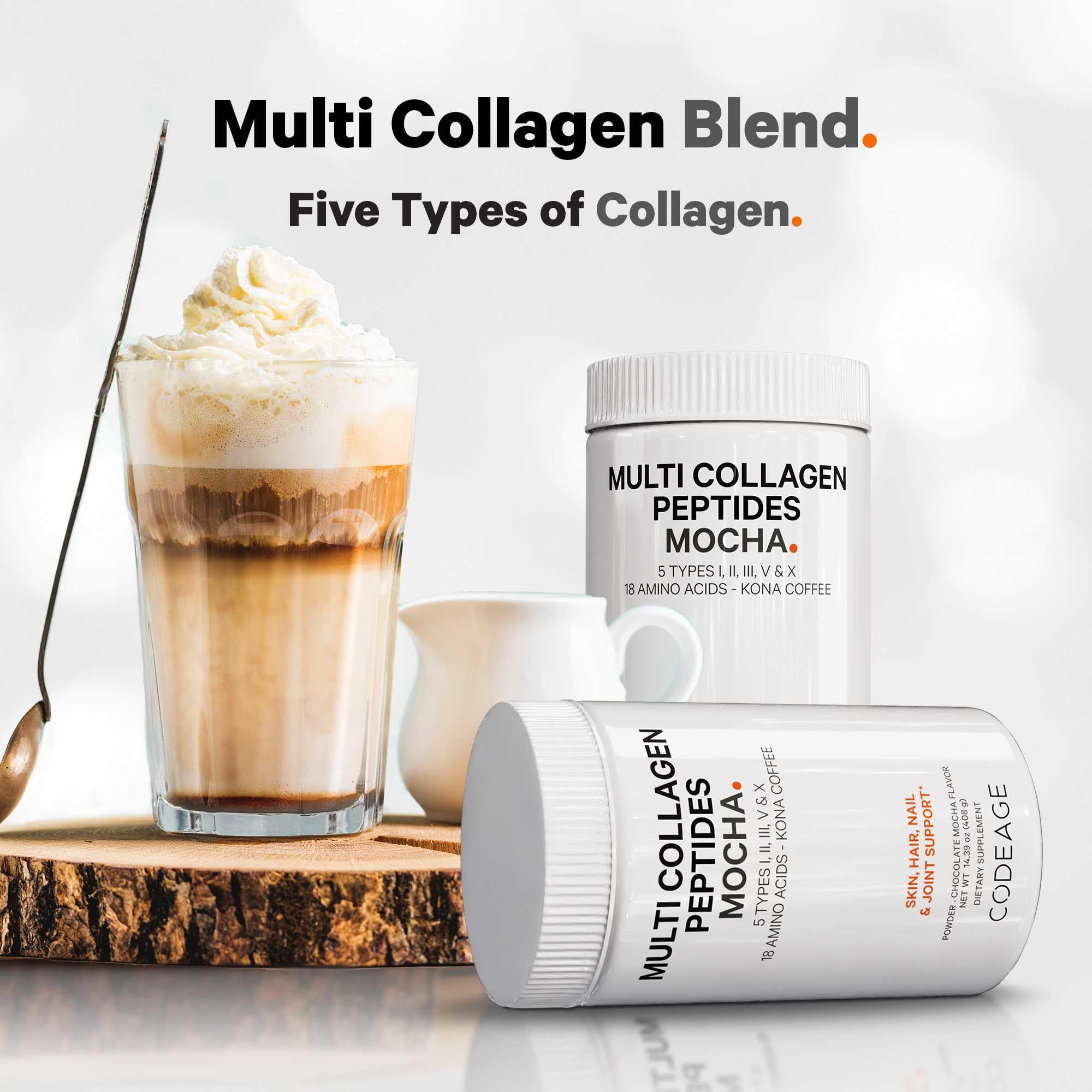 Codeage Multi Collagen Peptides Protein Powder - Chocolate Mocha Instant Coffee - Gourmet Knoa Coffee Drink & Shake - Collagen Type I, II, III, V & X - Grass-Fed, Hydrolyzed, Non-GMO - 14.39oz