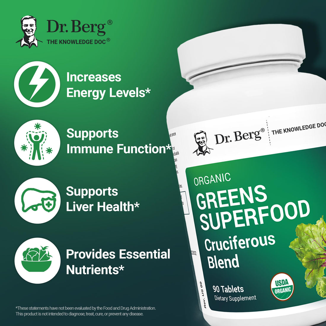 Dr. Berg's Greens Superfood Cruciferous Vegetable Tablets - Vegetable Supplements for Adults w/ 11 Phytonutrient Super Greens Tablets - Energy, Immune System & Liver Veggie Tablets - 90 Tablets
