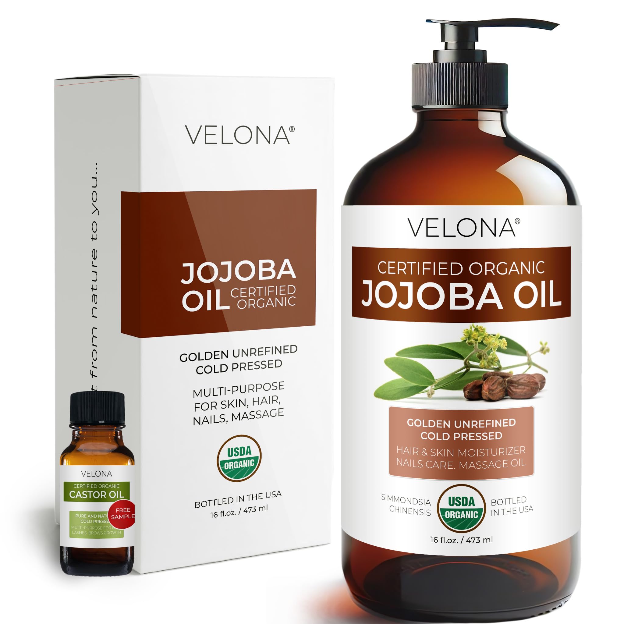 velona USDA Certified Organic Jojoba Oil - 16 Fl Oz in Glass Bottle | 100% Pure and Natural | Golden, Unrefined, Cold Pressed, Hexane Free