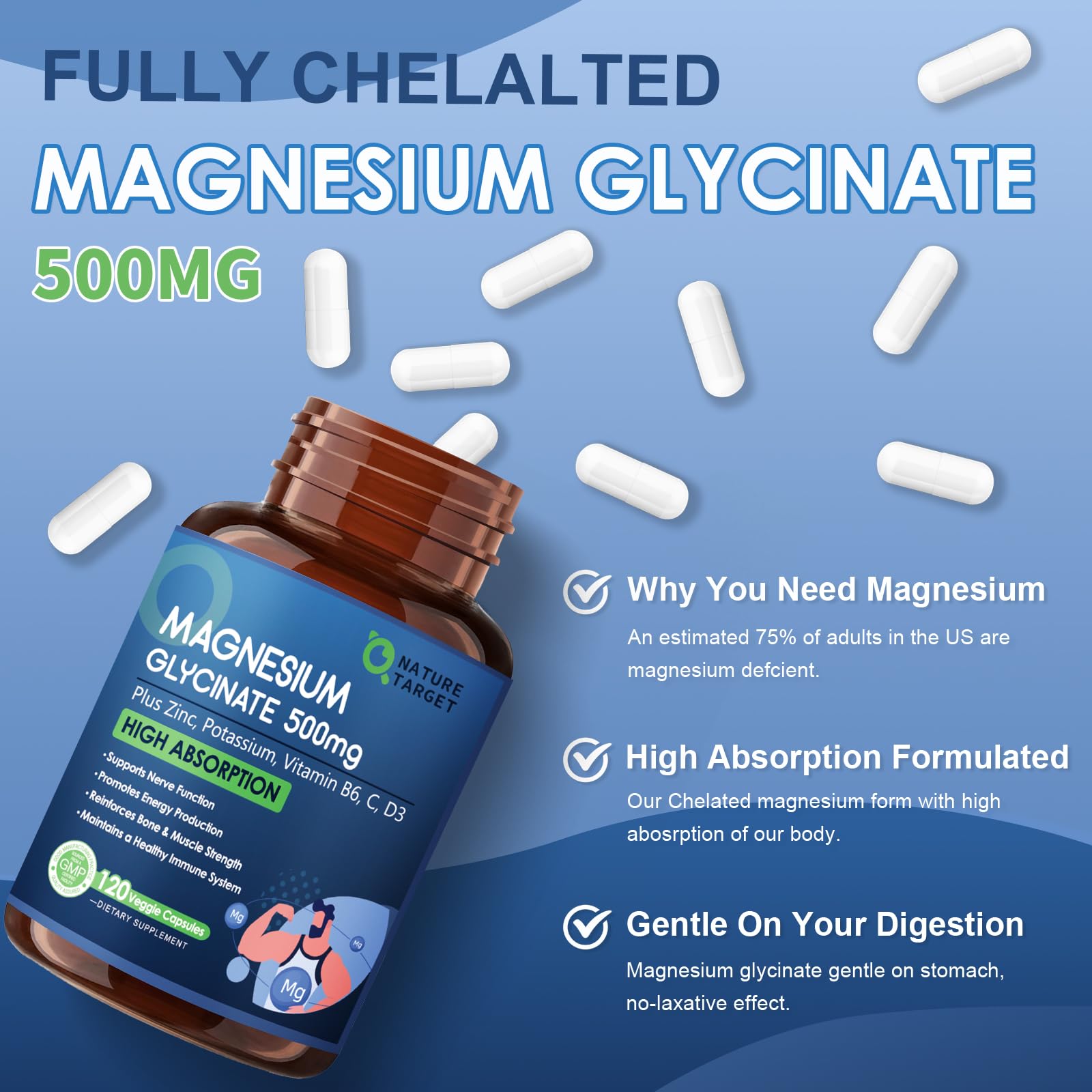 NATURE TARGET Magnesium Glycinate 500mg, Chelated Magnesium with Zinc & Vitamin D3 for Muscle, Nerve & Bone, Support Heart Health & Leg Cramp, Strength Immune System - 120 Capsules