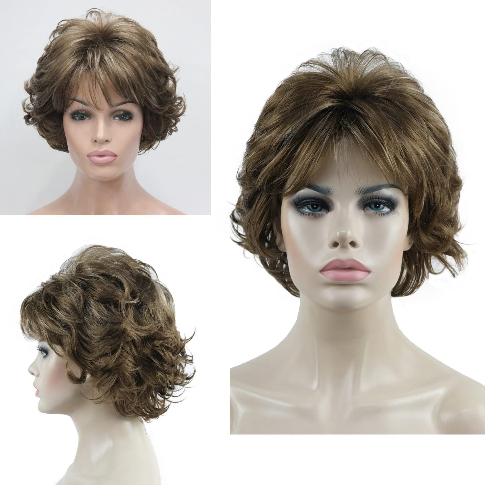 #12TT26-Brown Highlighted: Aimole Short Curly Synthetic Wigs Full Capless Hair Women's Thick Wig for Everyday 12TT26 Brown Highlighted