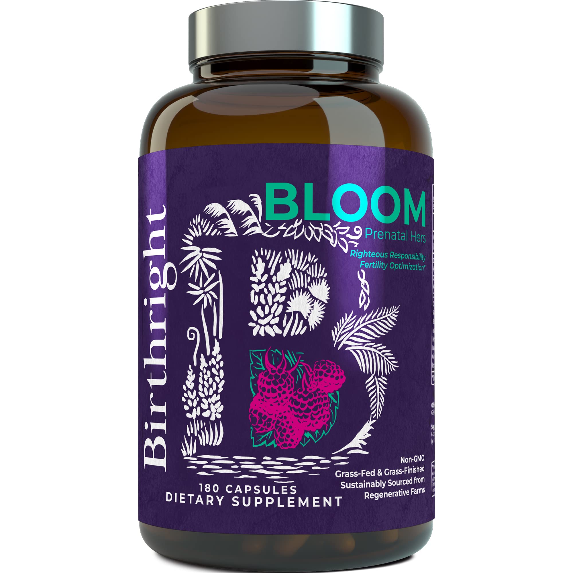 Birthright Complete Prenatal Supplement for Fetal Development… Folate, Choline + DHA, from Grass Fed Liver, Fish Eggs, Colostrum, Bone Marrow, with All Natural Herbal Blend Bloom