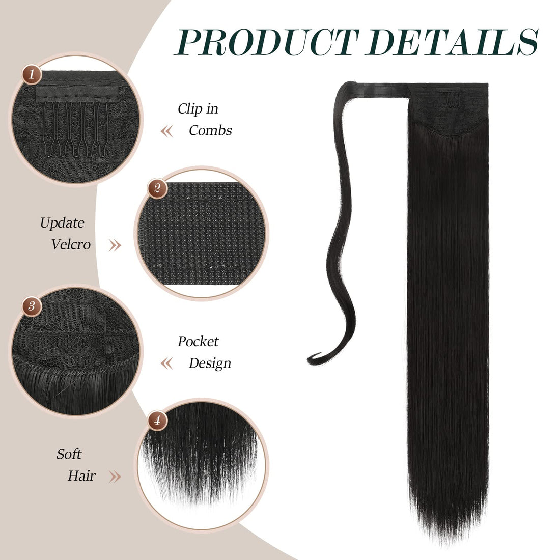 FESHFEN Straight Ponytail Extensions 28 Inch Long Wrap Around Synthetic Hair Piece Clip in Ponytail Hair Extensions Hairpiece for Women Girls 150g
