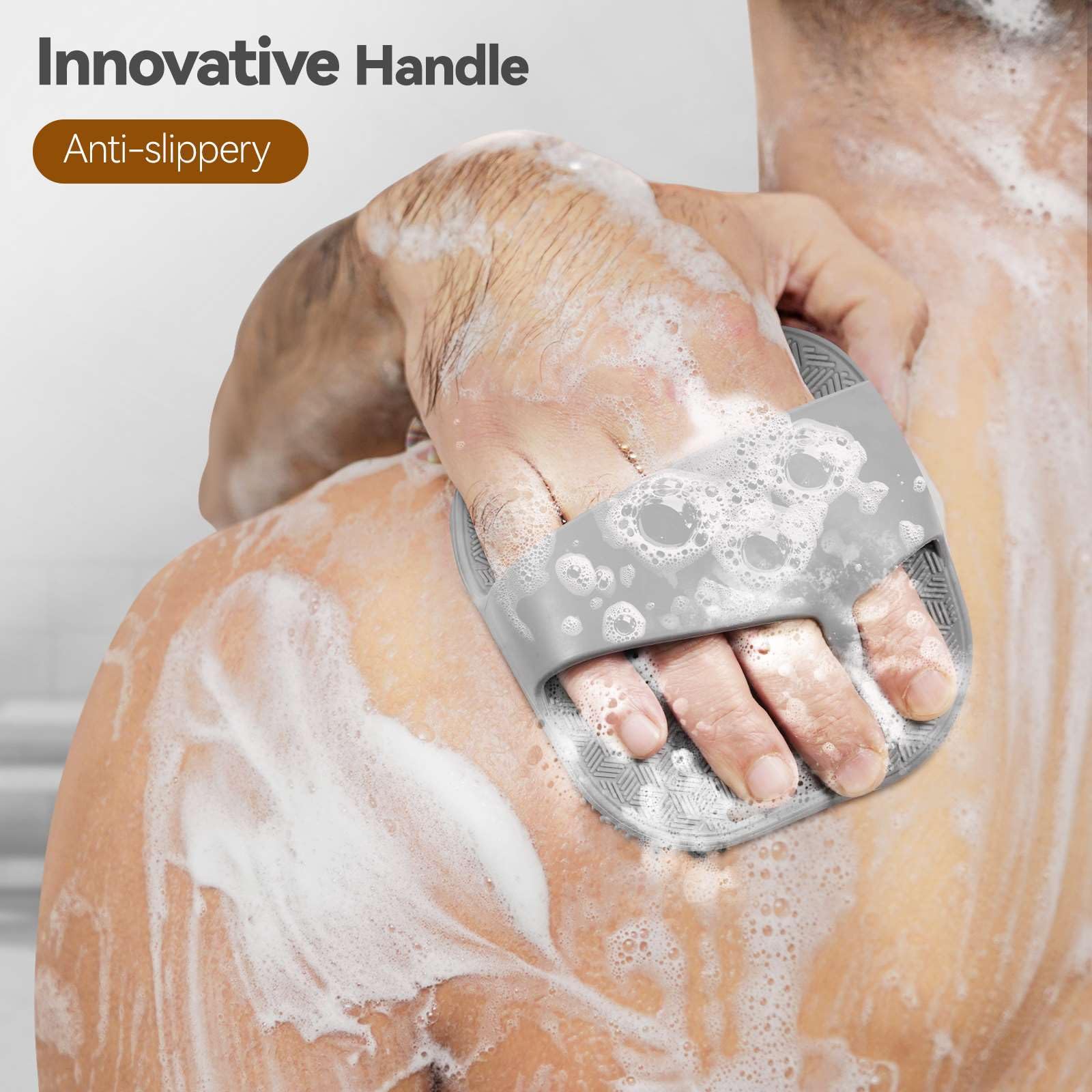 Silicone Body Scrubber for Men Women, Friendly Shower Body Scrubber for Sensitive Skin, Silicone Loofah Body Scrubber for Showering with Richer Foam Bristles and Anti-Slippery Handle, Gray