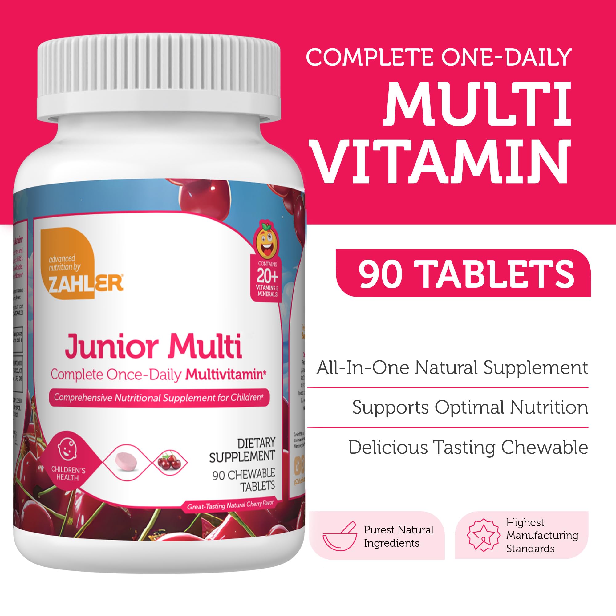 Zahler Kids Multivitamin Chewable Vitamin Tablet - Complete One Daily Kids Vitamins Supplement - Contains 20+ Minerals & Vitamins for Kids & Toddlers - Kosher Multivitamins Cherry Flavor (90)