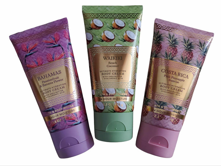 Bath & Body Works Travel Size Ultimate Hydration Body Creams: Passionfruit Banana Flower, Pink Pineapple Sunrise, Waikiki Beach Coconut 2.5 Ounces Set of 3