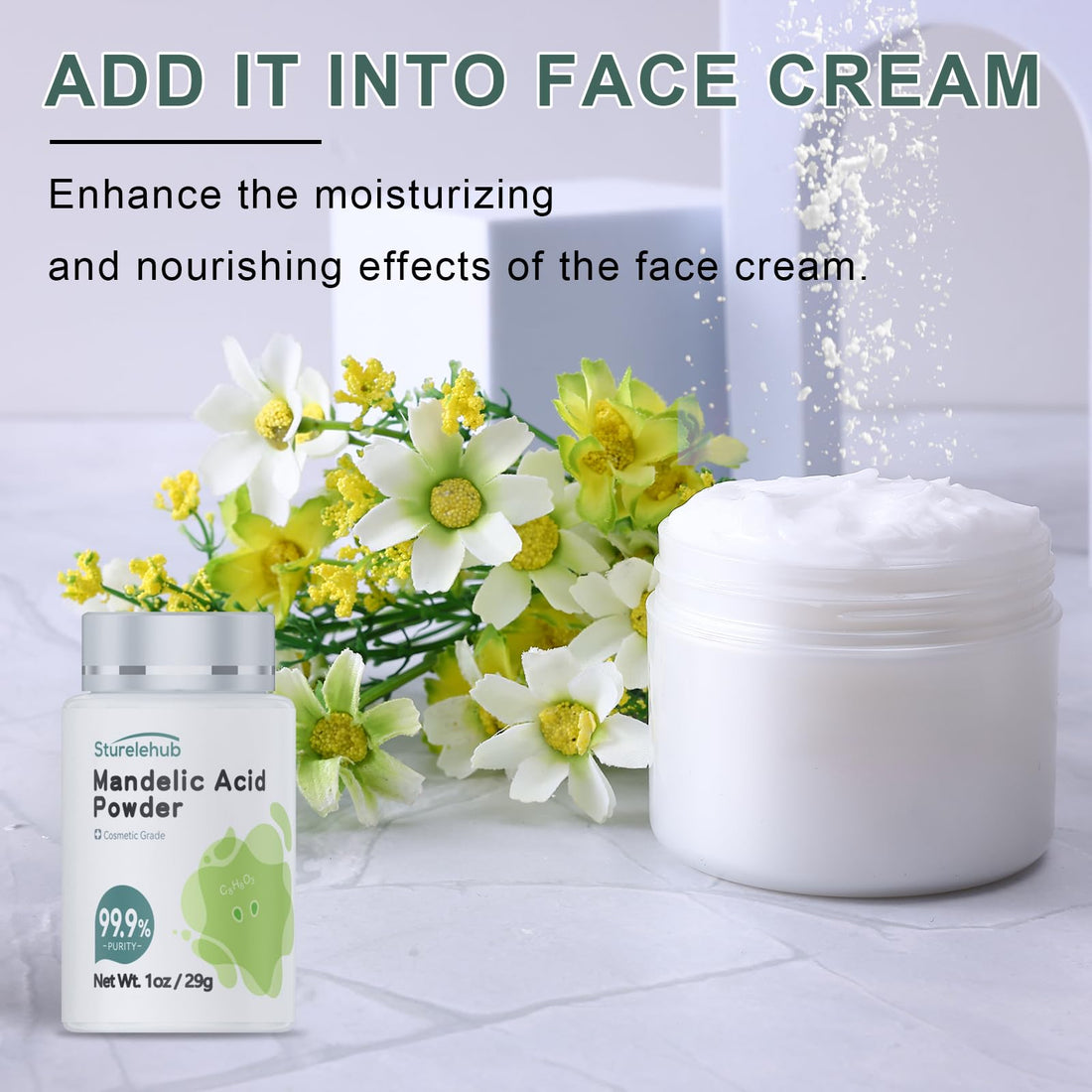 Sturelehub Mandelic Acid Powder, 1OZ 99.9% Purity, Natural, Cosmetic Grade, DIY Mandelic Acid Serum, Mandelic Acid Peel/Mask, Make Your Own Mandelic Acid Cream, Moisturizer