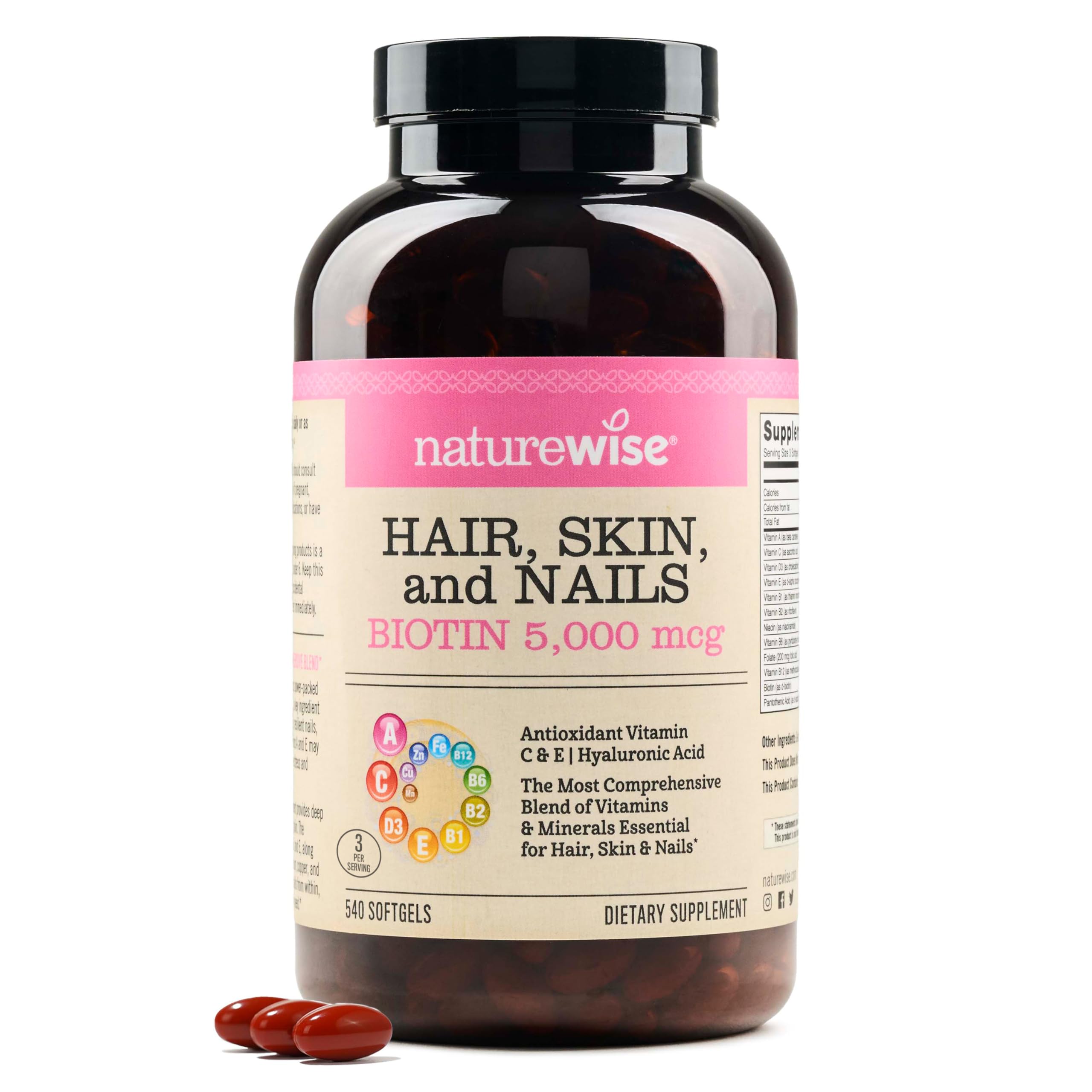 NatureWise Hair Skin and Nails Vitamin, Biotin 5000mcg w/Hyaluronic Acid, Collagen for Women with C, B Complex, D3, A, E, Iron - Non-GMO, Gluten Free - 540 Softgels[6-Month Supply]