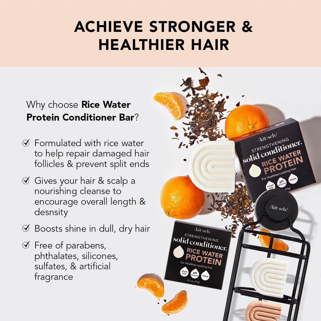 Kitsch Rice Bar Shampoo & Conditioner Set - Solid Shampoo & Conditioner Bar Set for Strengthening Hair, Paraben-Free, Rice Water Shampoo Bar & Conditioner Soap, Made in USA, 2pcs