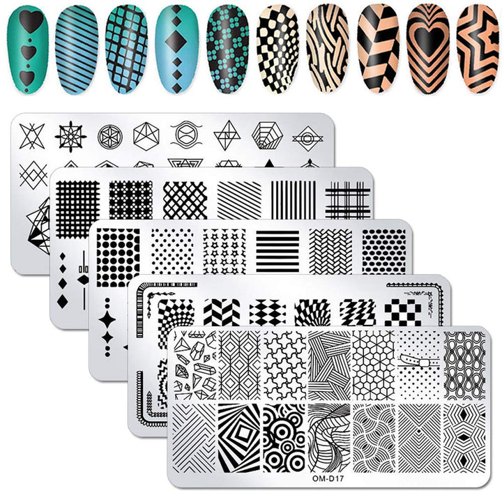 WOKOTO 5Pcs Nail Plates Stamping Set With Classic Geometric Stars Nail Image Plate Stamping Nail Art Kit With Stamper And Scraper Kit For Women Girls