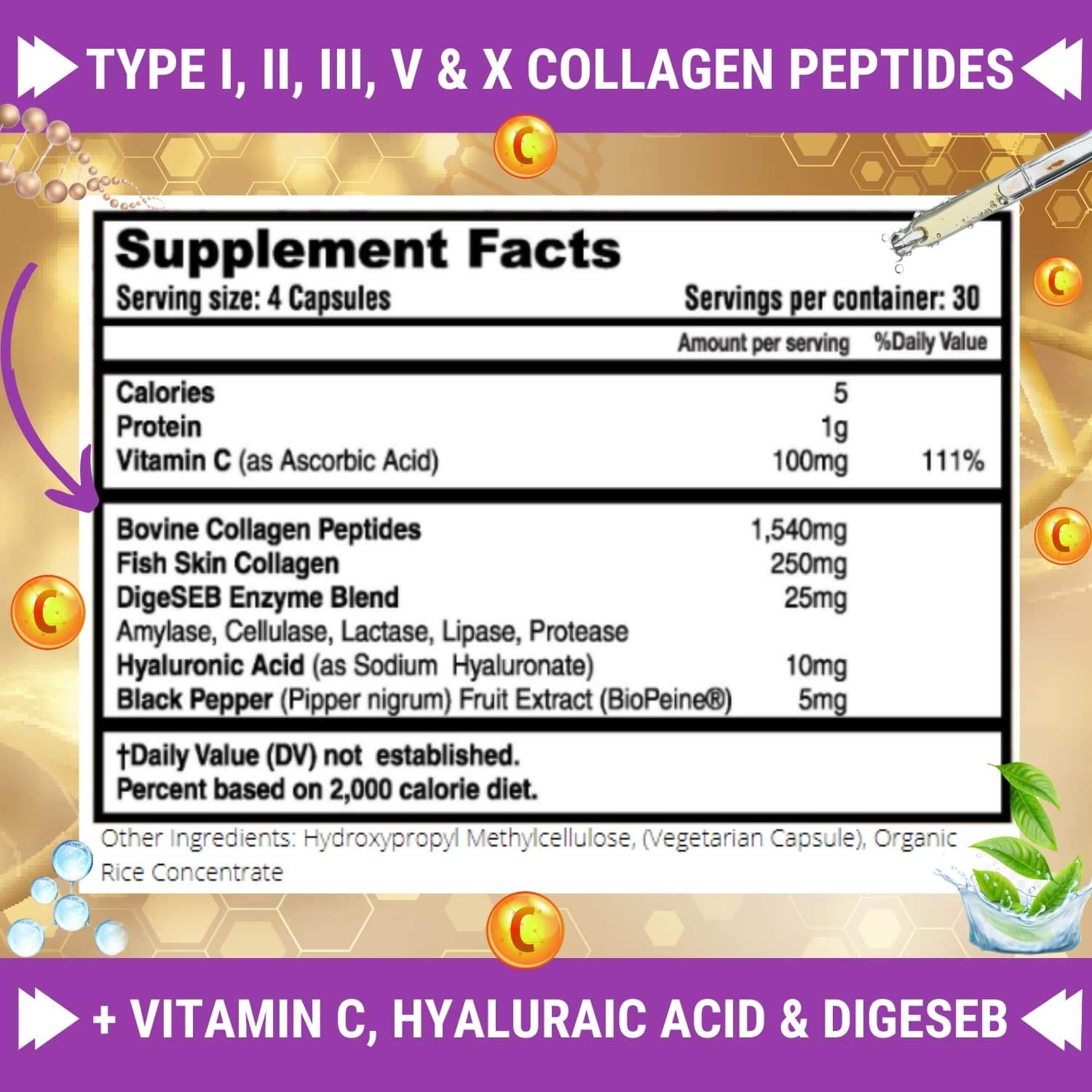 FRESH HEALTHCARE Multi Collagen Pills with Type I, II, III, V & X Peptides with Vitamin C, Hyaluronic Acid - Supports Healthy Hair, Skin, Nails and Joints - 120 Kosher Capsules