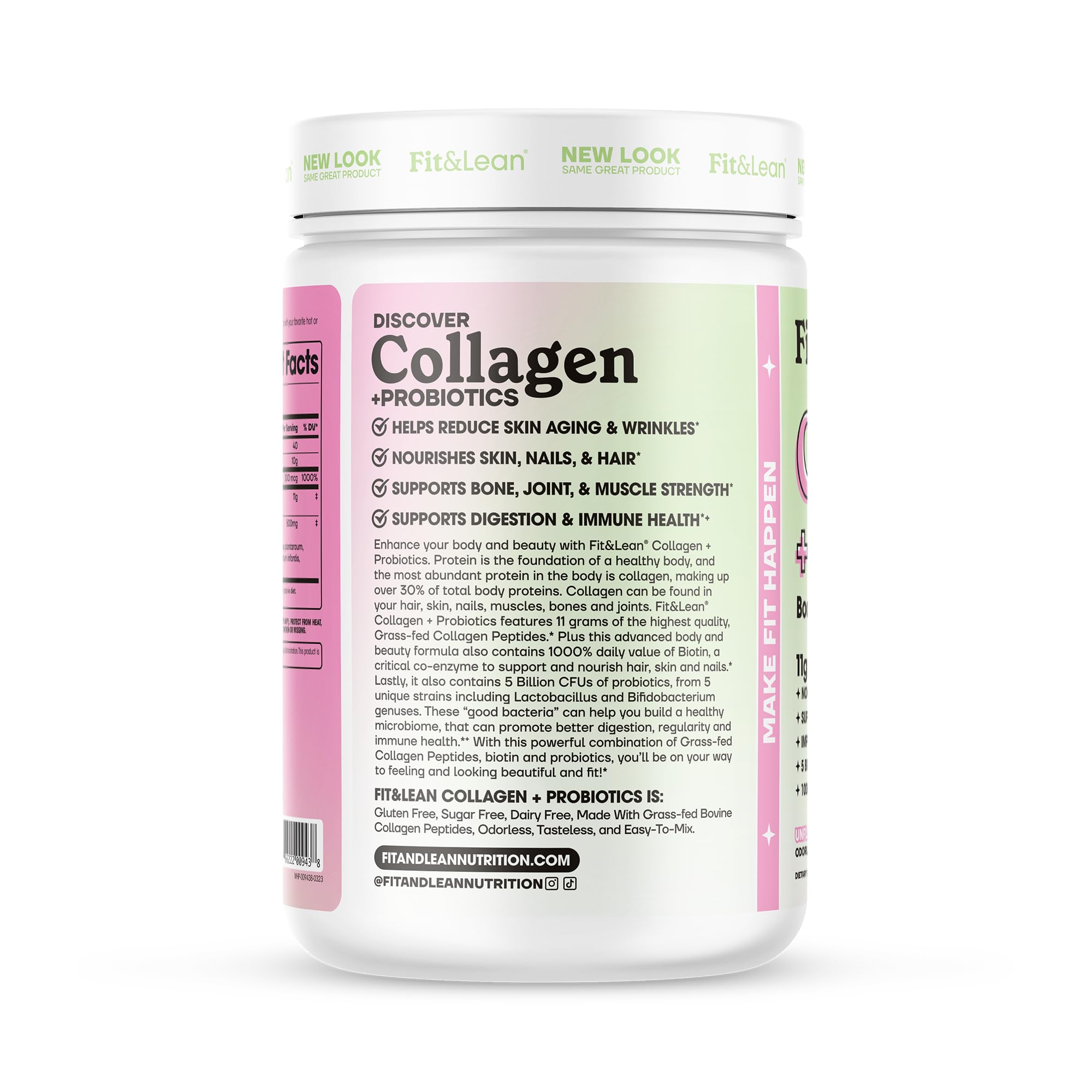 Fit & Lean Collagen + Probiotics- Grass-fed Collagen Peptide Powder, Unflavored, 12.64oz