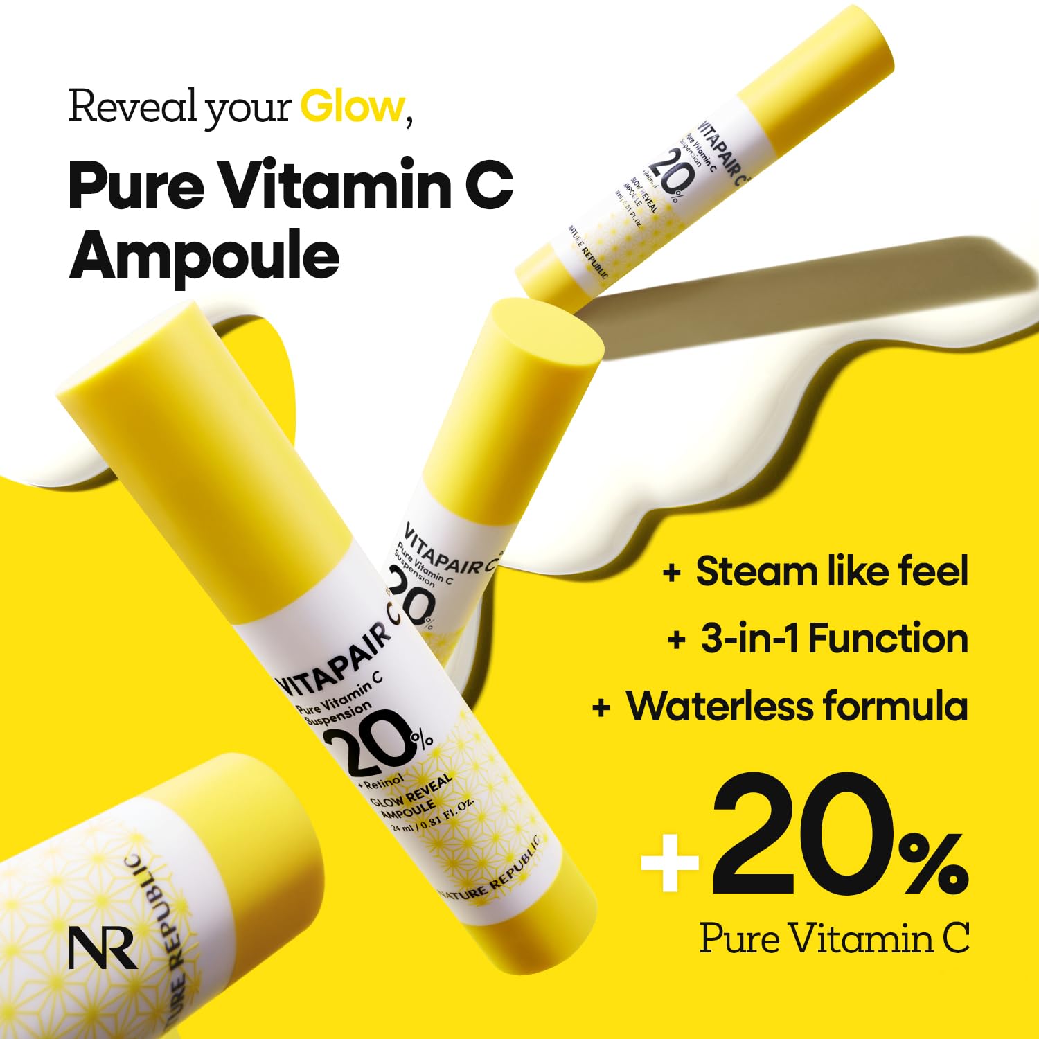 Nature Republic Vitapair C glow Reveal Ampoule, Niacinamide,Retinol, Panthenol, Citrus Lemon Fruit Extract, Vitamin C Ampoule, Korean Skin Care 24ml / 0.81 fl oz