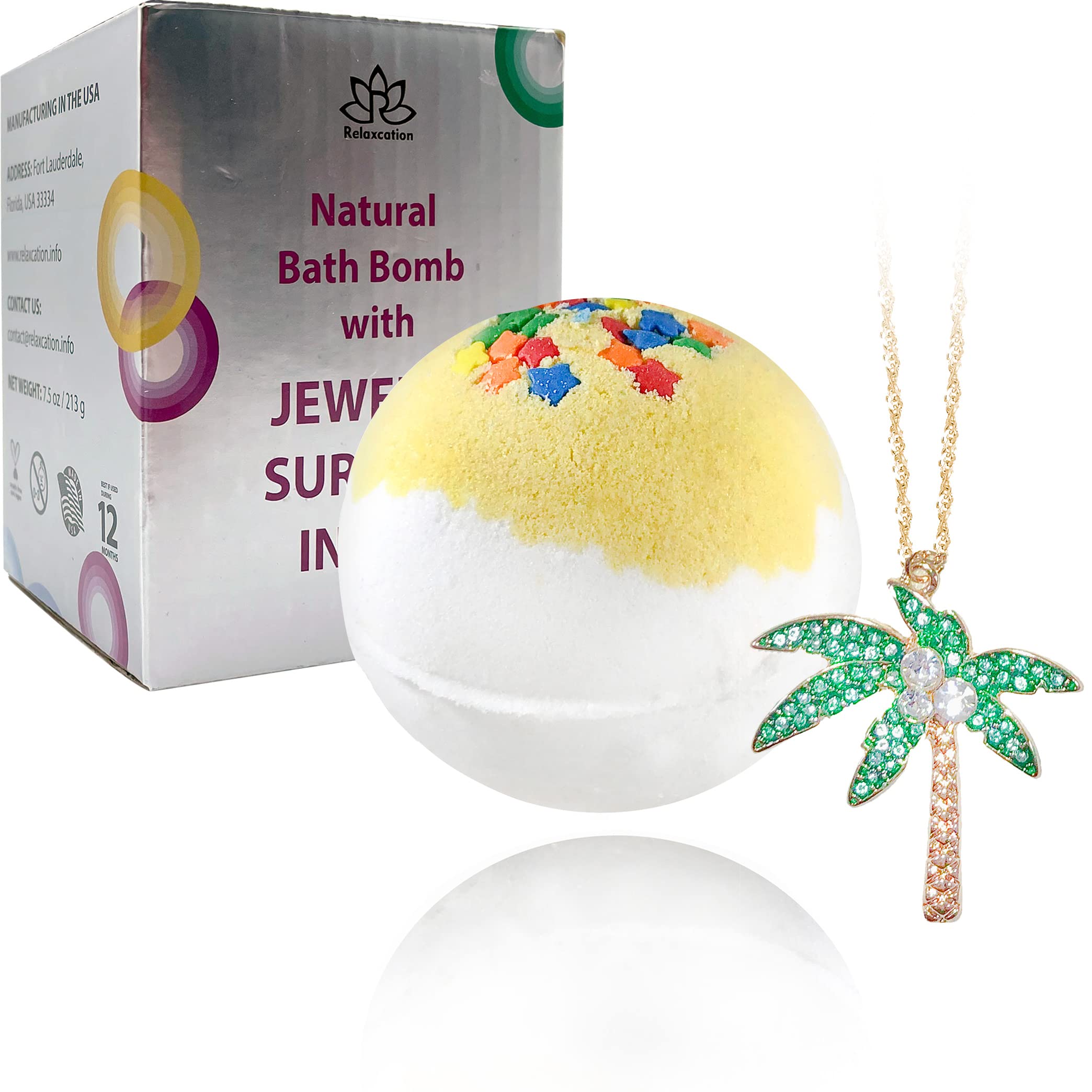 Handmade Bath Bombs with Jewelry Necklace Inside - Beautiful Palm Tree Inside - Fruity Scent with Treasures Inside - Organic Bathbomb in Gift Box for Women, Girls, Her, Mother