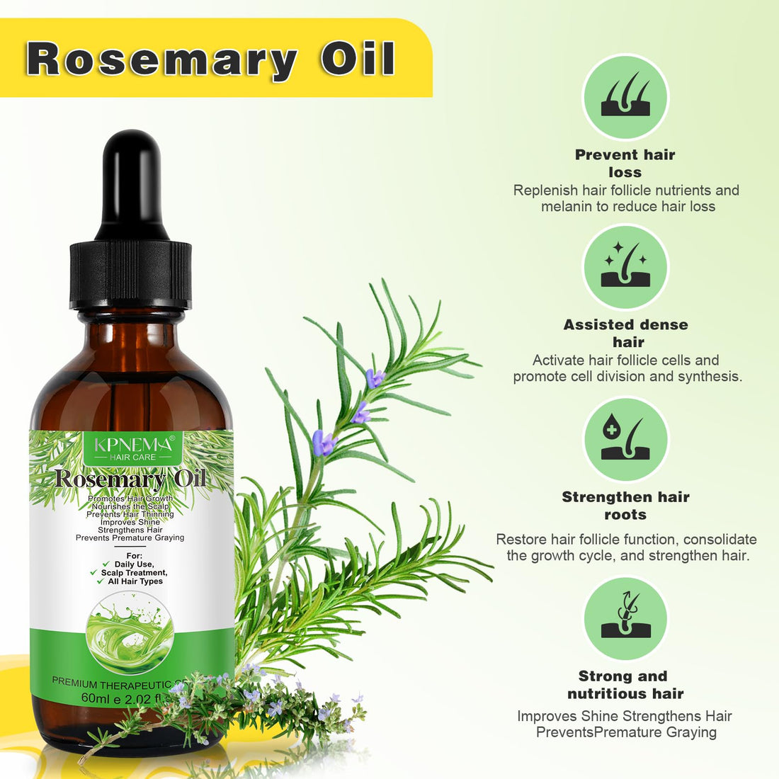 Rosemary Essential Oil for Hair Growth and Nourished Skin - 100% Pure Natural Multi-Purpose Oil (2.02 Fl Oz)