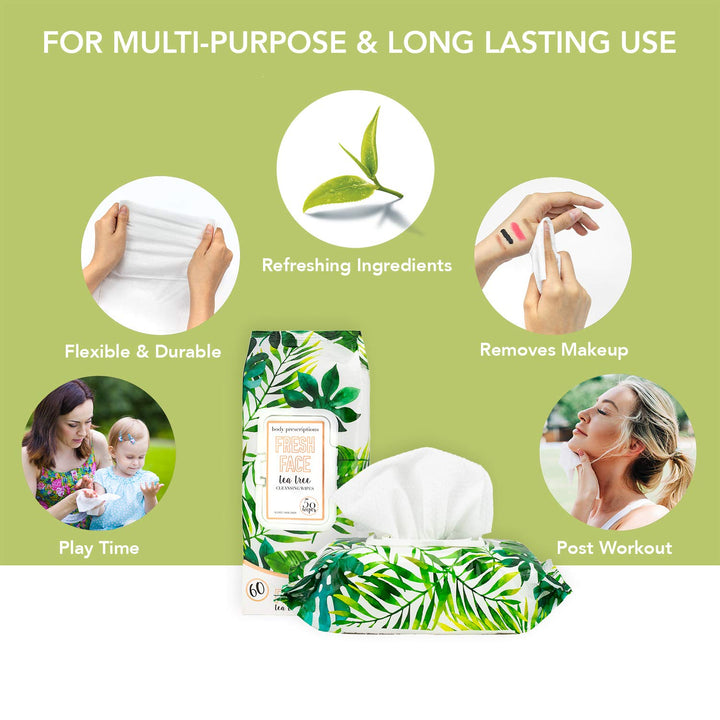 Body Prescriptions - 2 Pack (60 Count Each) Fresh Face Tea Tree Facial Cleansing Wipes