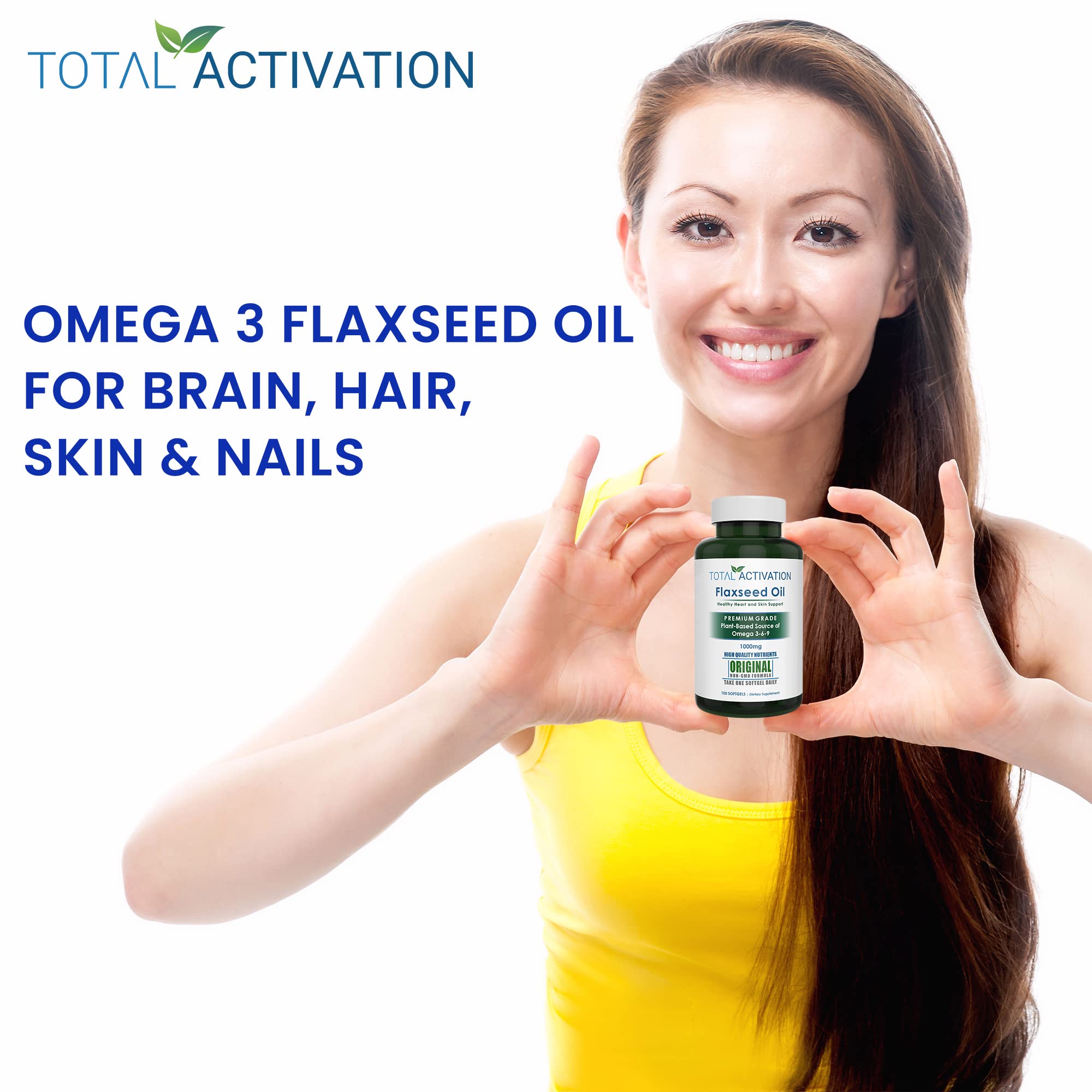 Organic Flaxseed Oil 1,000 mg Omega-3, Immune System Booster with Omega 3,6,9 from Natural ALA, Supports Healthy Hair, Skin and Nails, 100 Rich Liquid Softgels Per Bottle