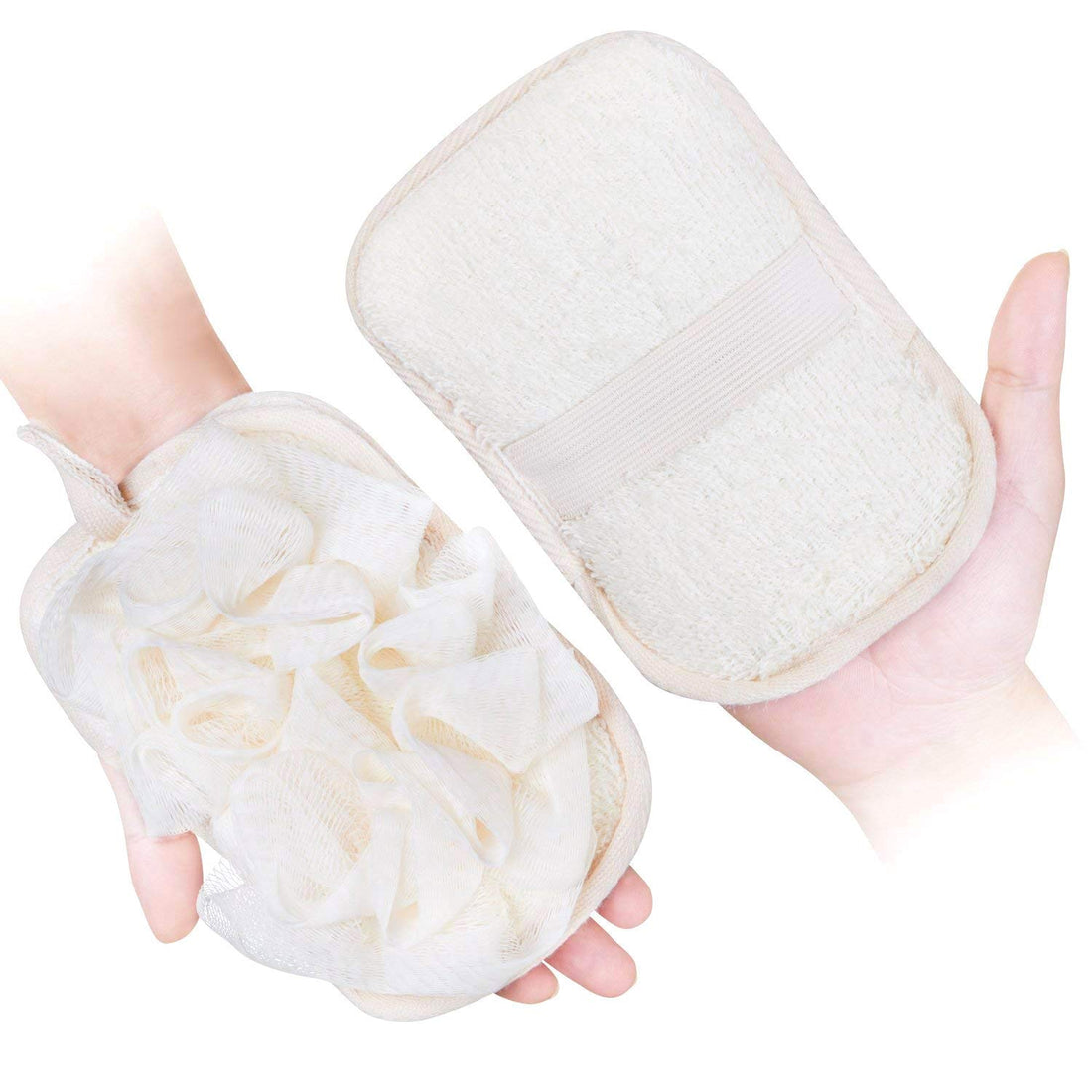 Mikimini Bath Mitt For Women, Pouf Mesh Brushes 2 Packs Set | Loofah Sponge & Exfoliating Pad In 1 Professional Design Gently With The Elastic Hand Strap Or Wearing Mitten