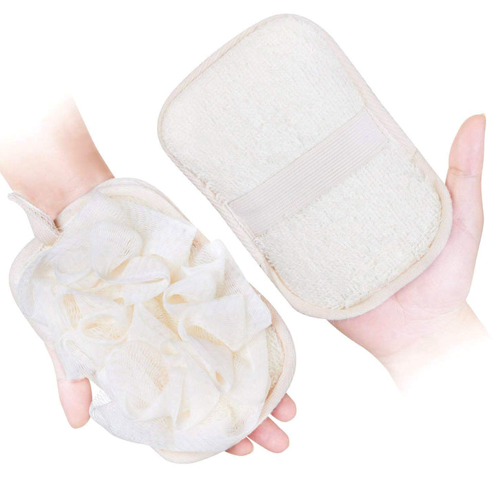 Mikimini Bath Mitt For Women, Pouf Mesh Brushes 2 Packs Set | Loofah Sponge & Exfoliating Pad In 1 Professional Design Gently With The Elastic Hand Strap Or Wearing Mitten