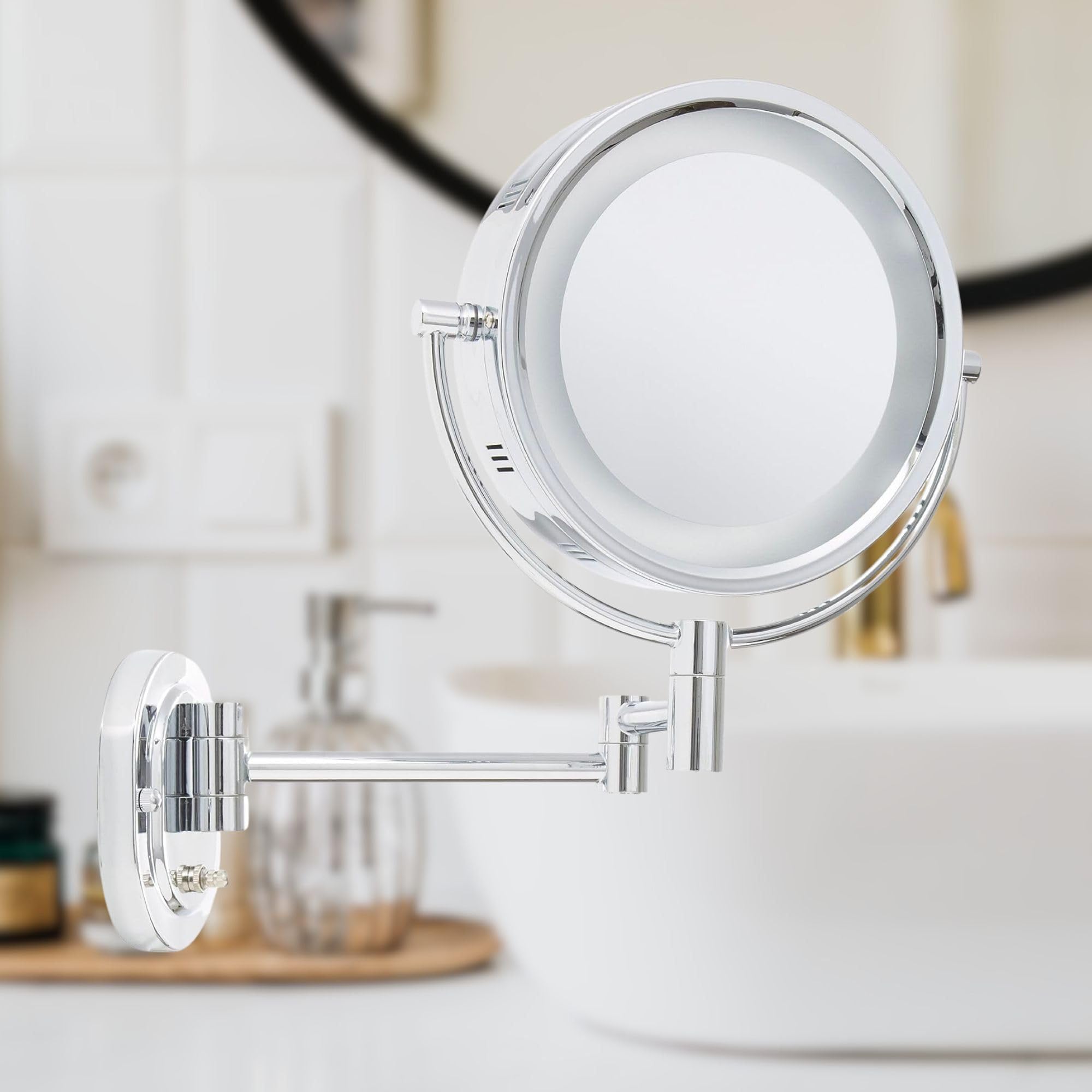 Jerdon HL65C 8-Inch Lighted Wall Mount Makeup Mirror with 5x Magnification, Chrome Finish