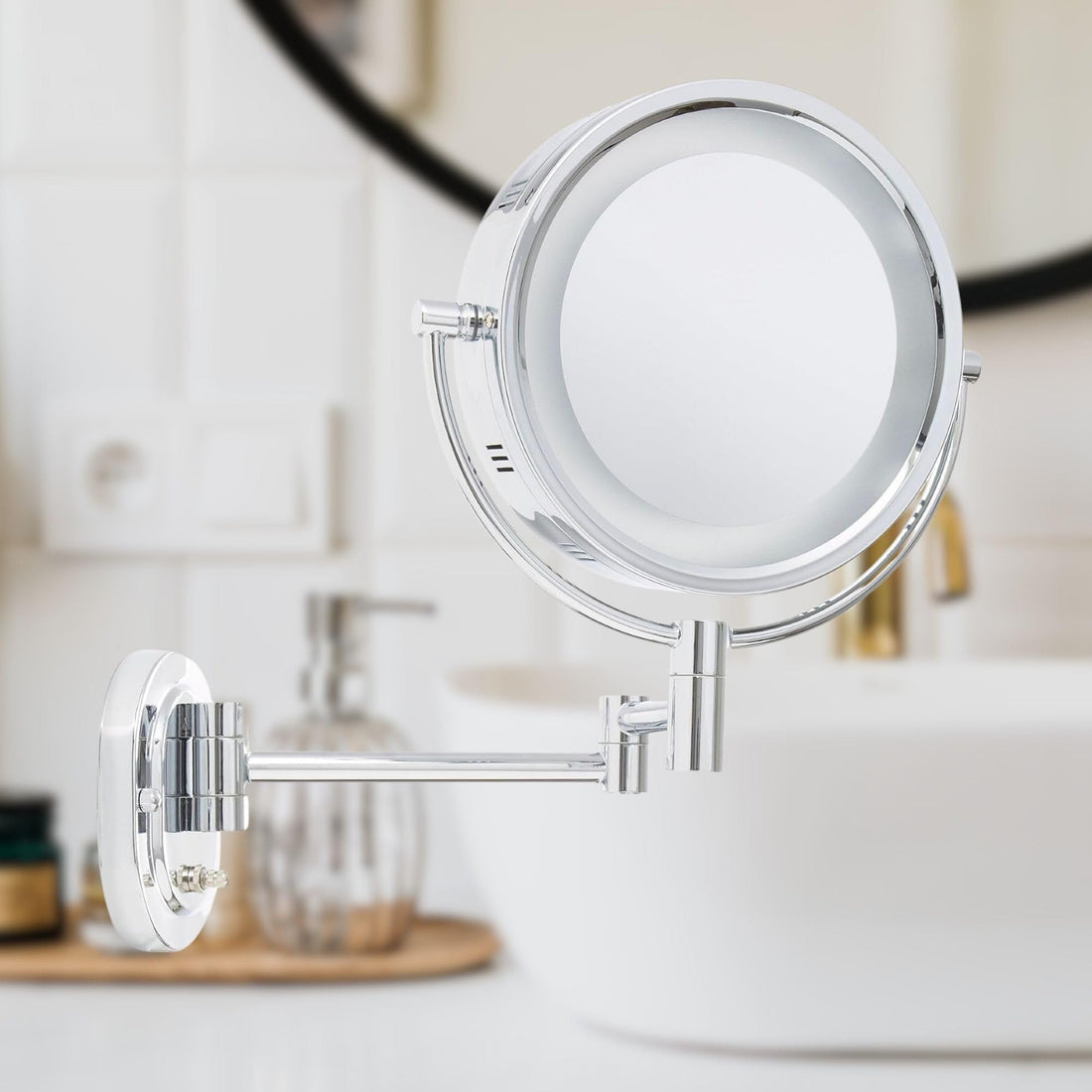 Jerdon HL65C 8-Inch Lighted Wall Mount Makeup Mirror with 5x Magnification, Chrome Finish