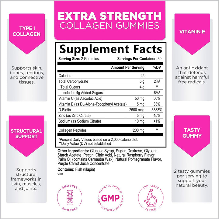 Collagen Peptides for Women - Collagen Gummy with Biotin for Hair, Skin, Nail, Bone & Joint Support, Extra Strength Hydrolyzed Collagen Peptides Supplement for Women & Men, Non-GMO - 60 Gummies