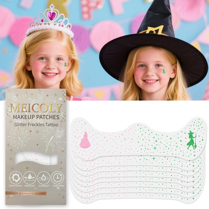 MEICOLY Halloween Glitter Freckles Witch Tattoos for Kids,Friendship Green Witch Pink Princess Stickers for Wicked Makeup Costume,Wicked Birthday Party Accessories,Wicked Party Favors,8 Counts