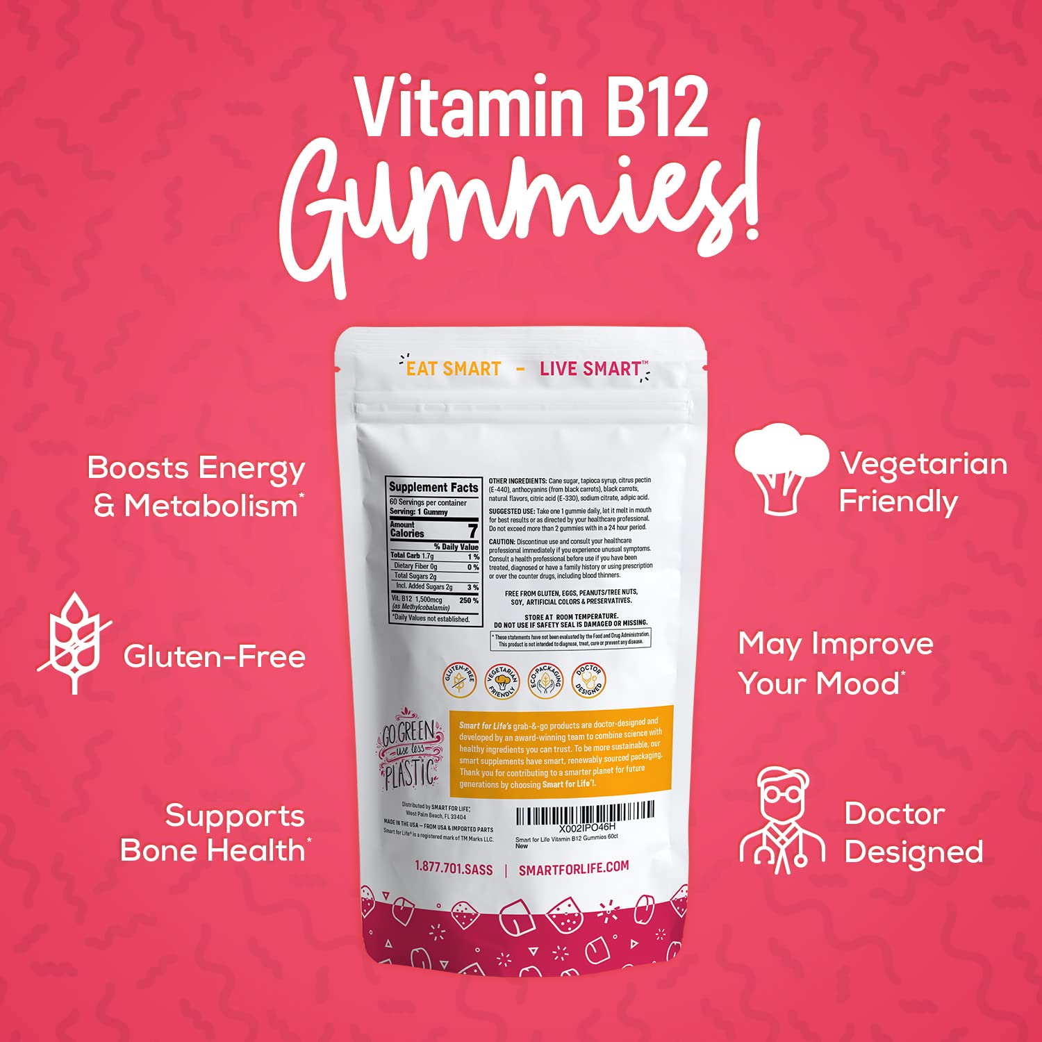 B12 Gummy Vitamins - 1500 mcg Vitamin B12 Gummies for Adults and Kids - Helps with Energy, Metabolism, Bone Nervous System Support - Raspberry Flavor - 60 Count - 60 Day Supply