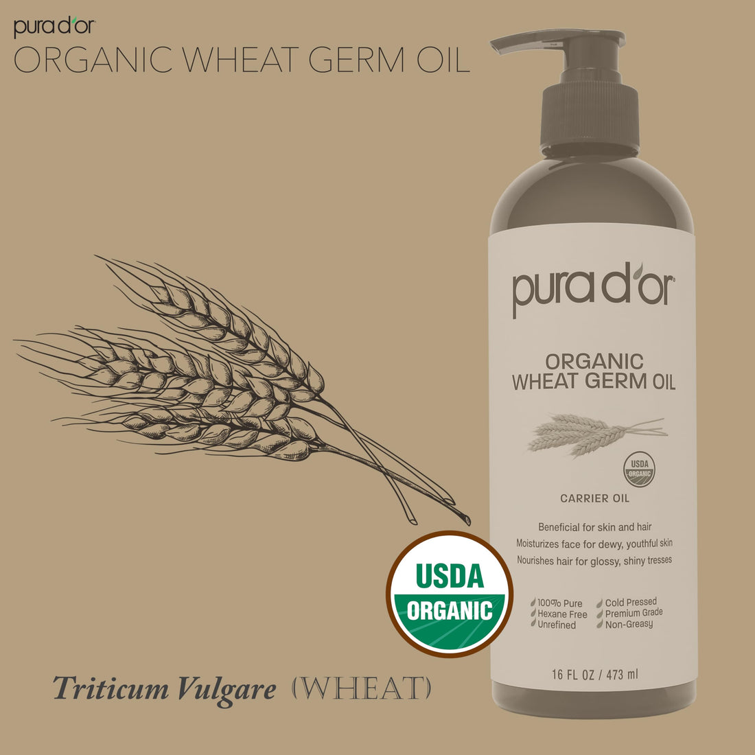 PURA D'OR ORGANIC Wheat Germ Oil (16 Oz x2 = 32 Oz) 100% Pure & Natural USDA Certified Cold Pressed Carrier Oil - Vitamin E Rich, Moisturizing & Nourishing Anti-Aging Properties - Healthy Hair Growth