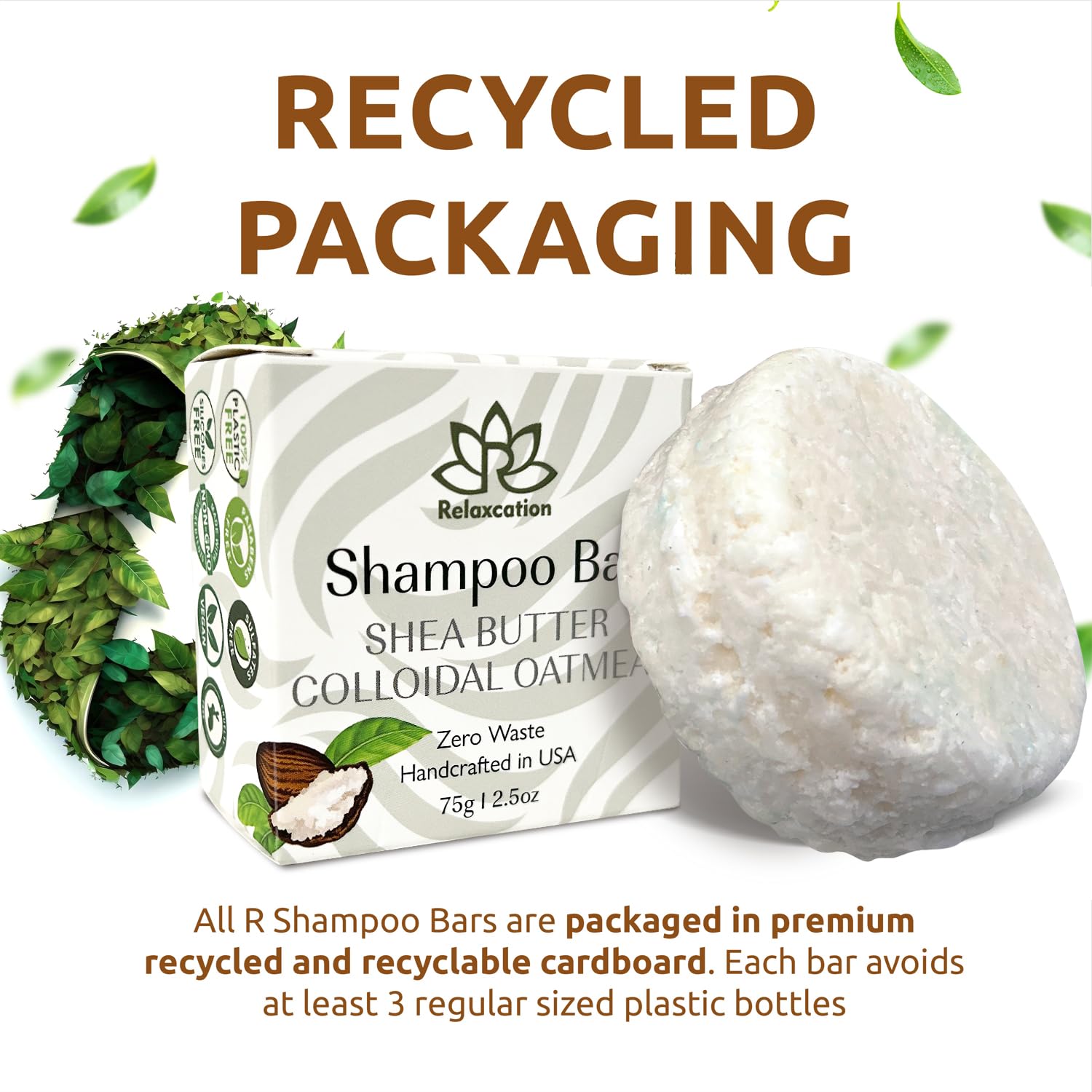 Relaxcation Organic Unscented SOLID Shampoo Bar for Damaged Hair with Shea Butter, Colloidal Oatmeal, Coconut Oil, Cocoa Butter, Jojoba, and Argan Oil for Normal and Sensitive Skin - Handmade in USA